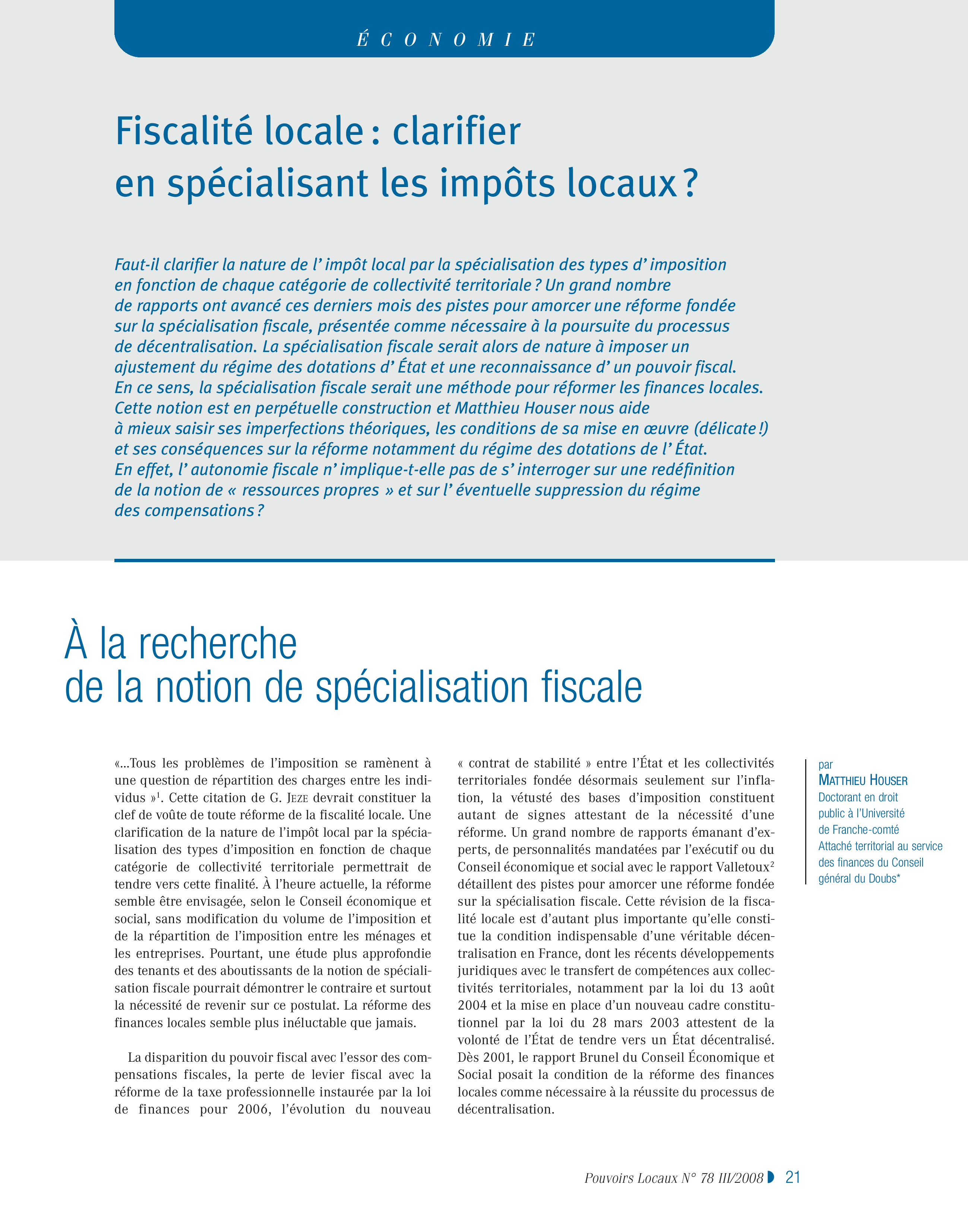 Article : Fiscalité locale : clarifier en spécialisant les impôts locaux ?