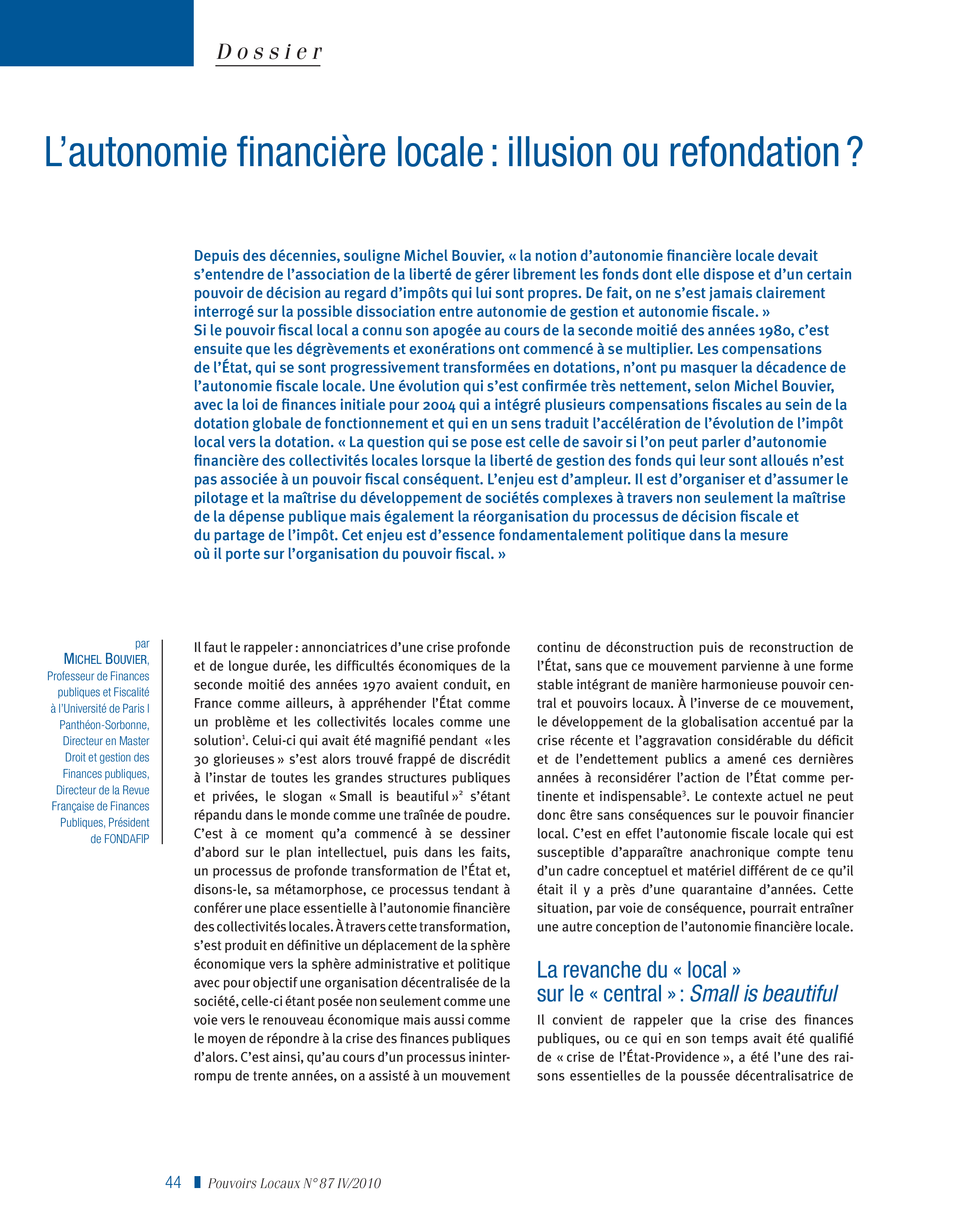 Article : L’autonomie financière locale : illusion ou refondation ?