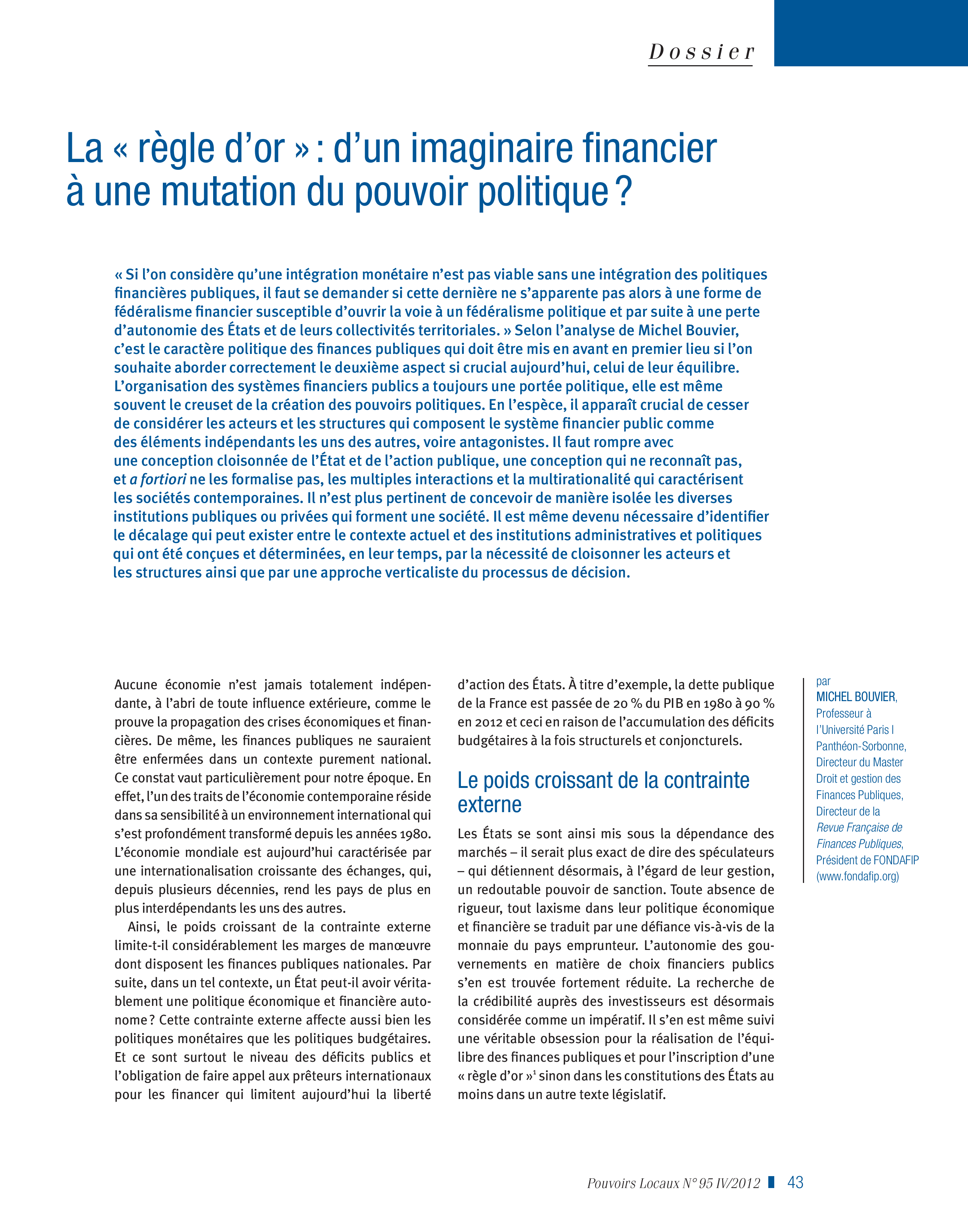 Article : La « règle d’or » : d’un imaginaire financier à une mutation du pouvoir politique ? 