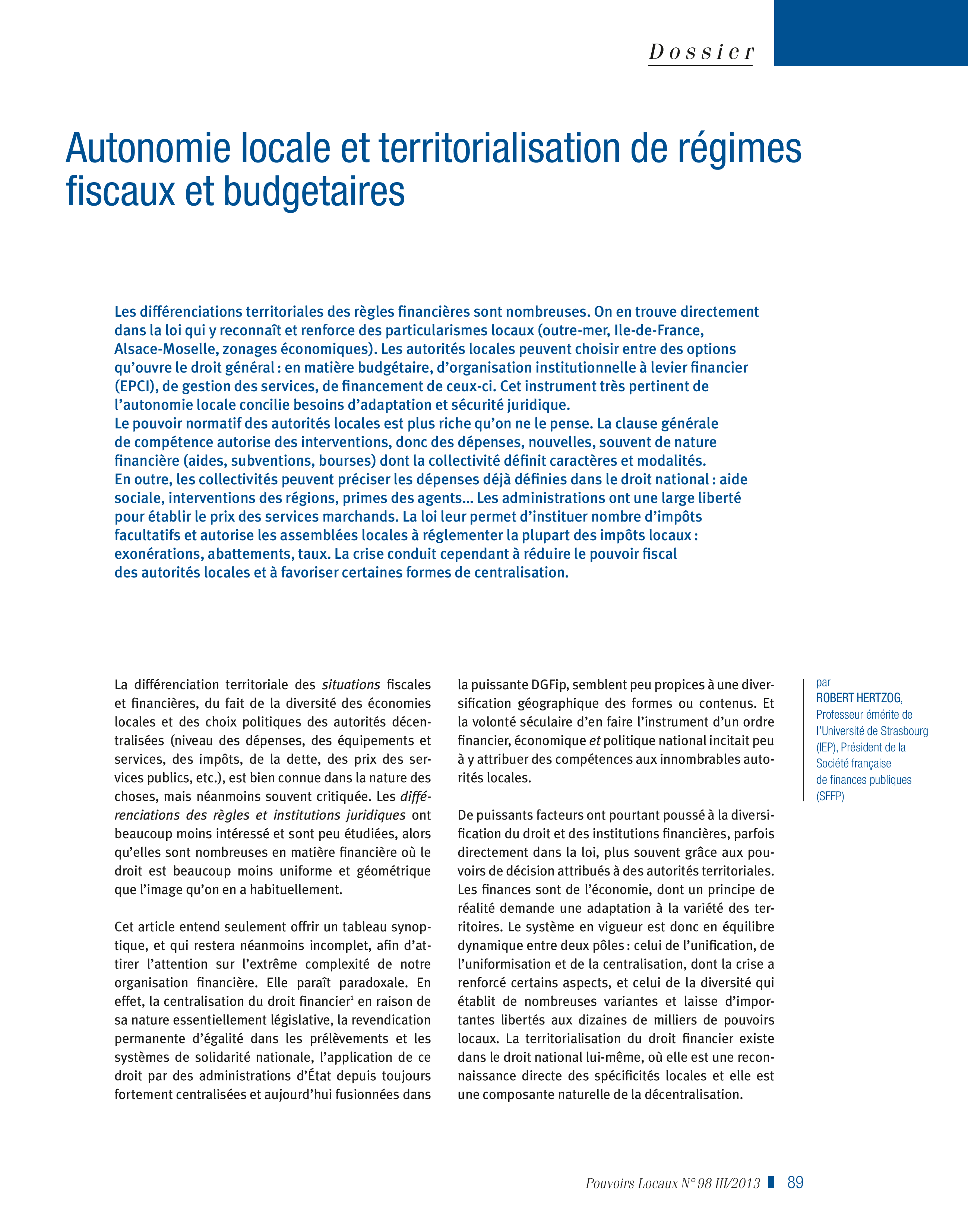 Article : Autonomie locale et territorialisation de régimes fiscaux et budgétaires