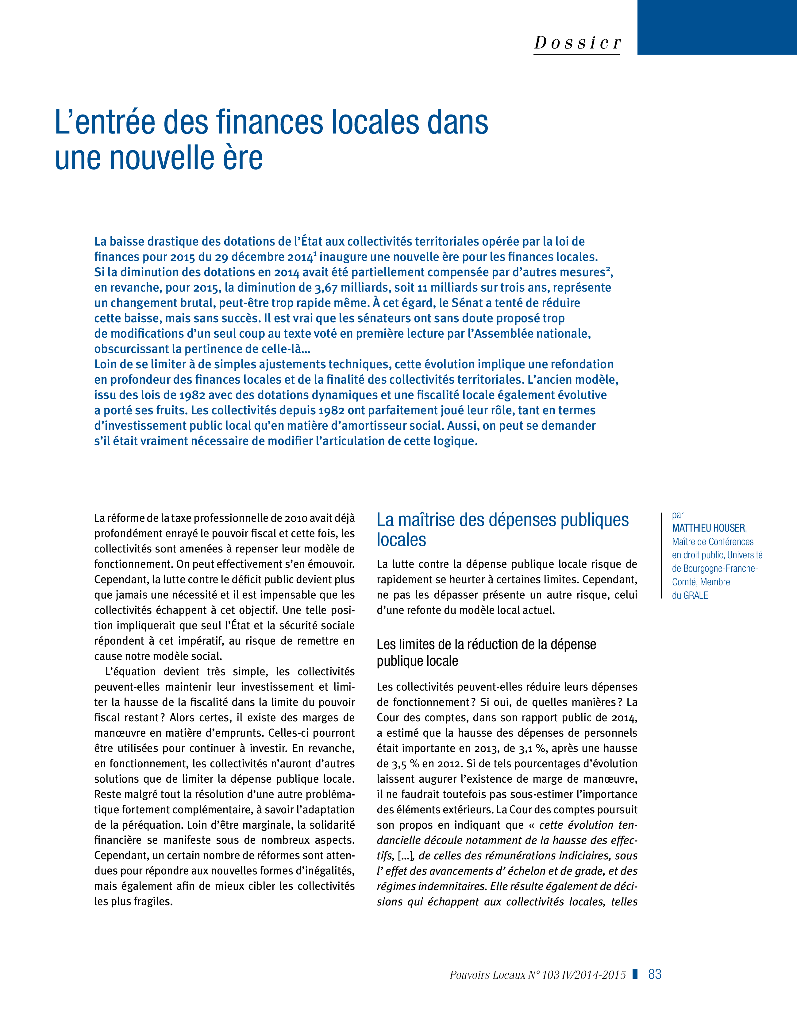 Article : L’entrée des finances locales dans une nouvelle ère