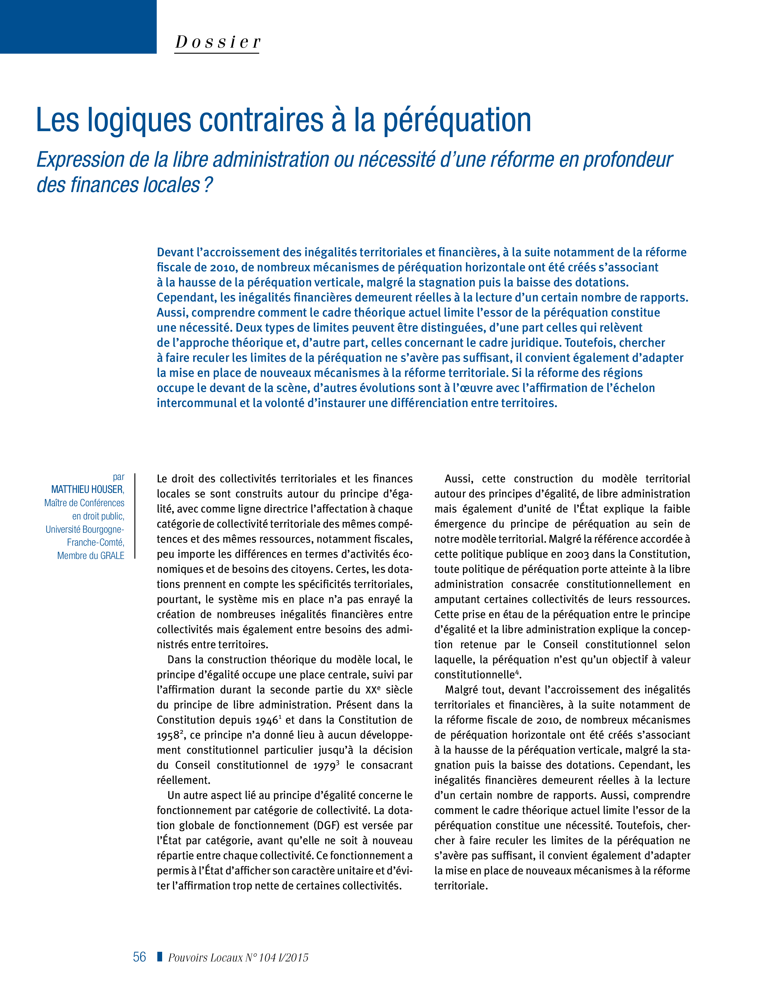 Article : Les logiques contraires à la péréquation