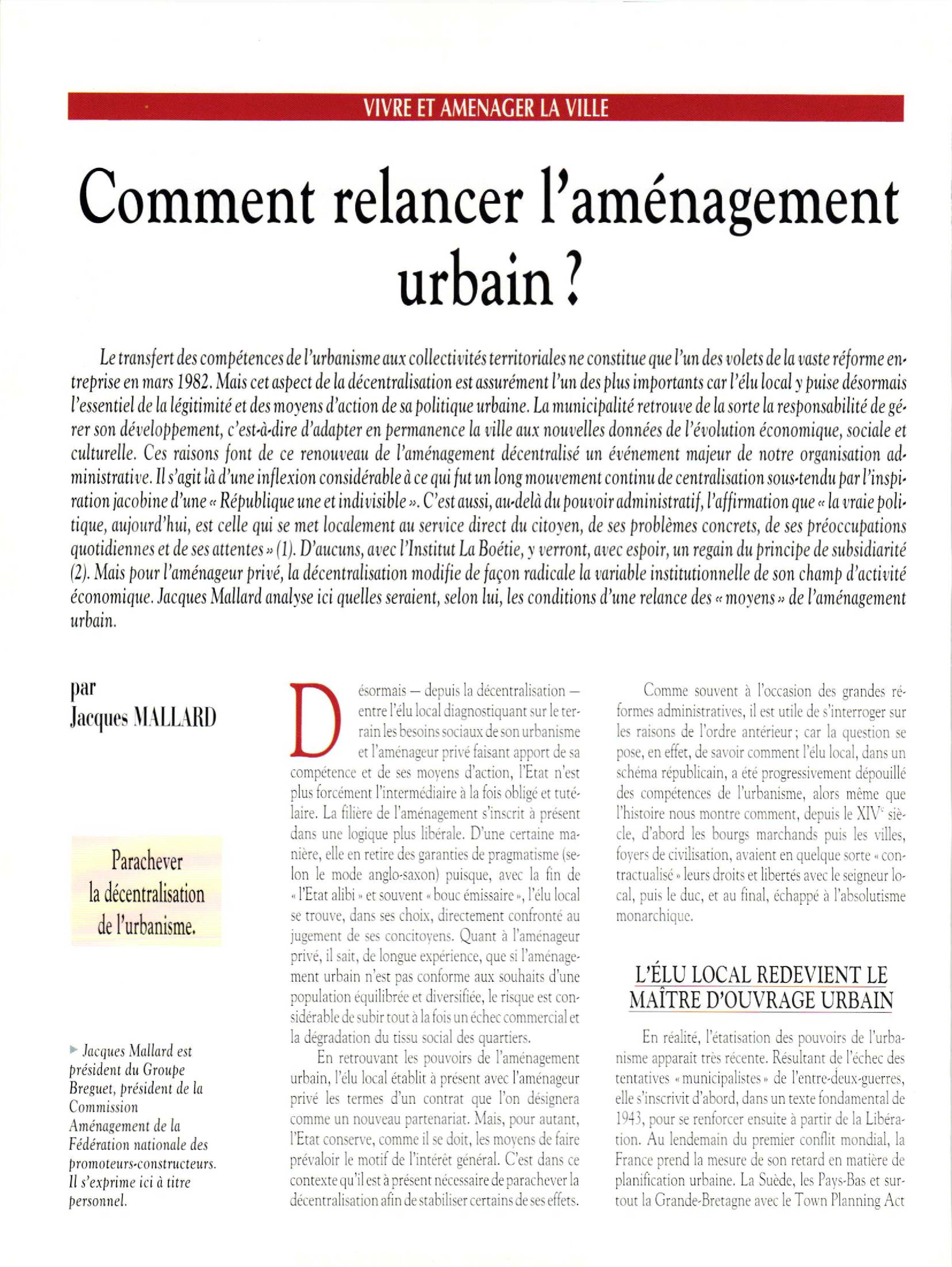 Article :  Comment relancer l’aménagement urbain ?