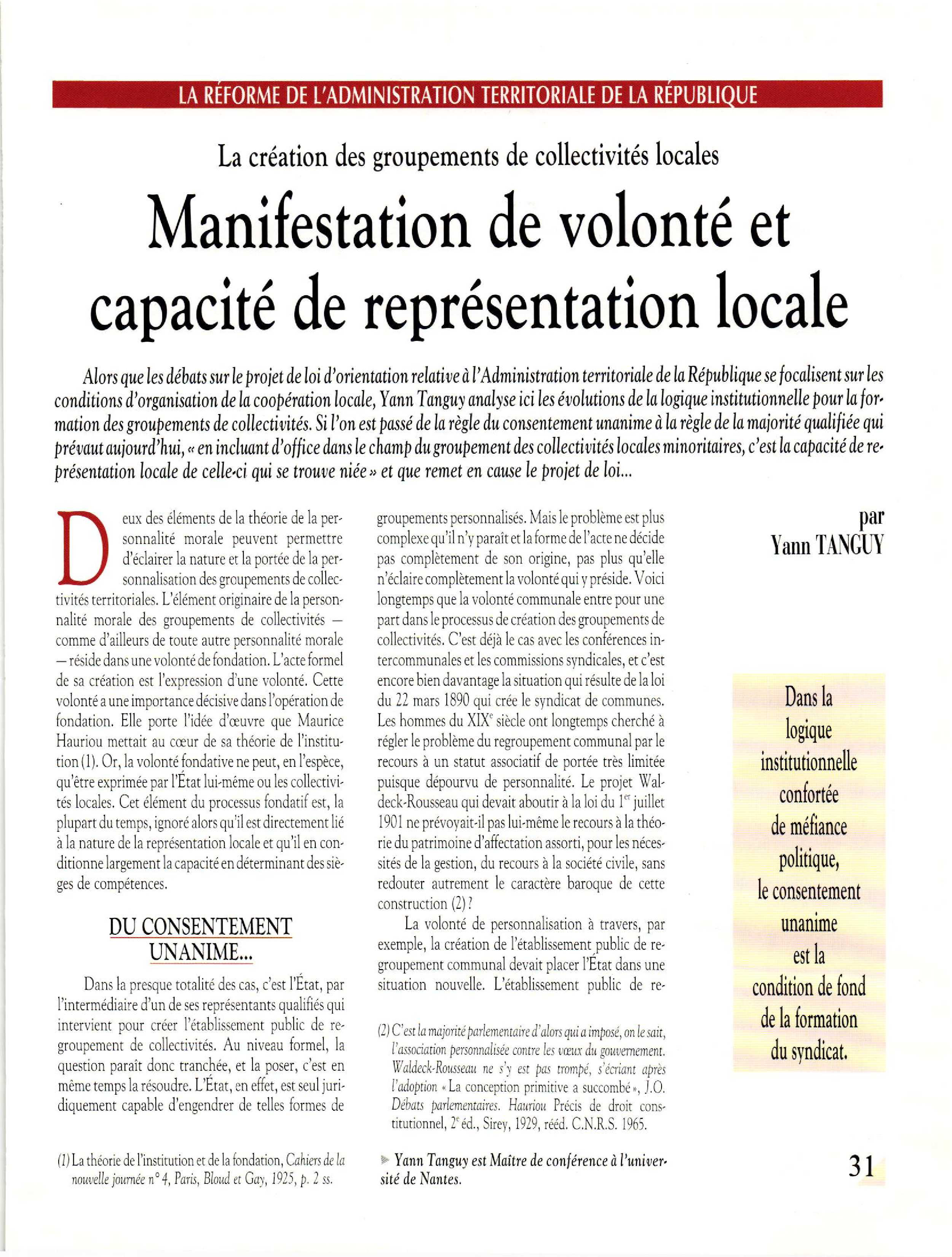Article : La création des groupements de collectivités locales : manifestation de volonté et capacité de représentation locale