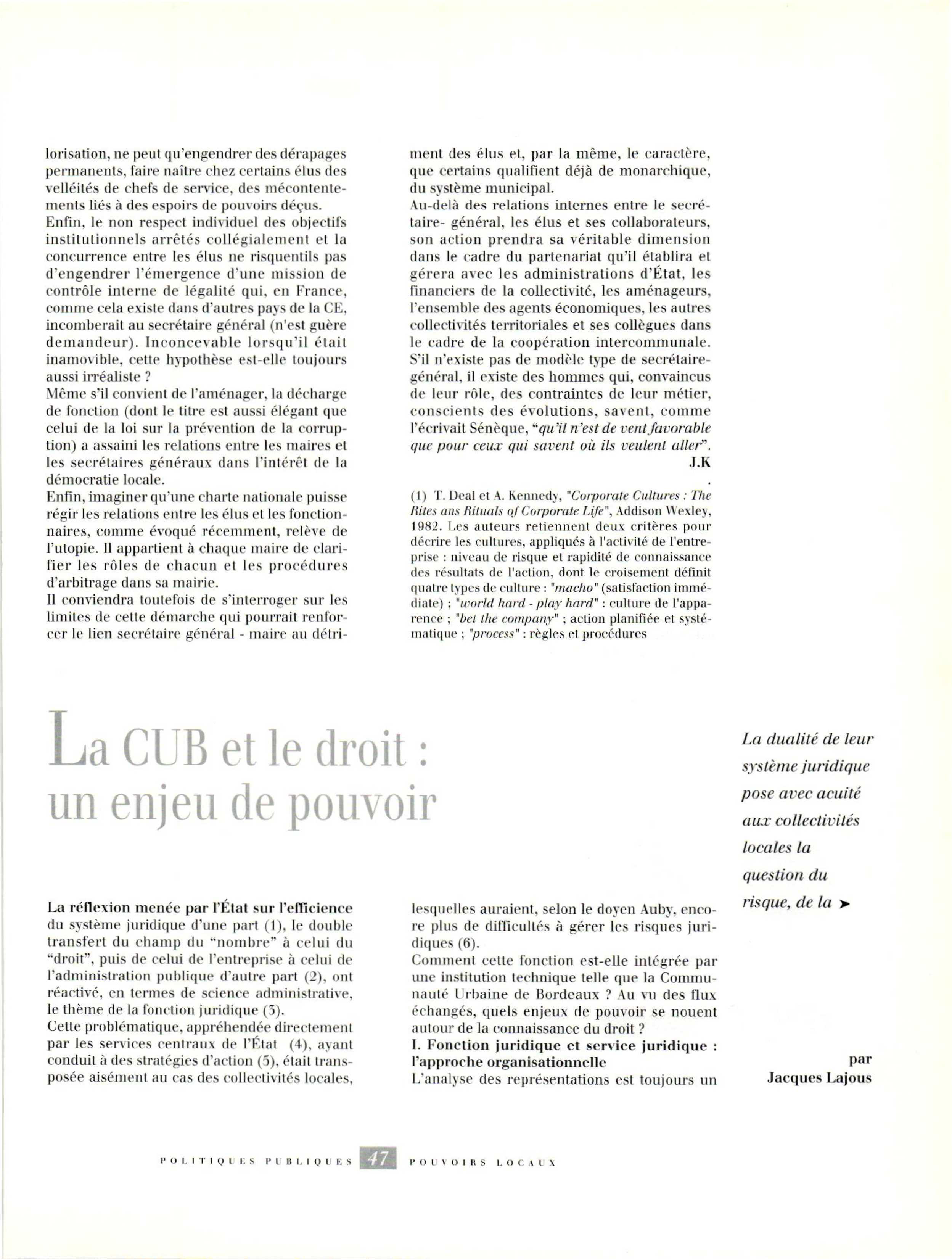 Article : La CUB. et le droit : un enjeu de pouvoir