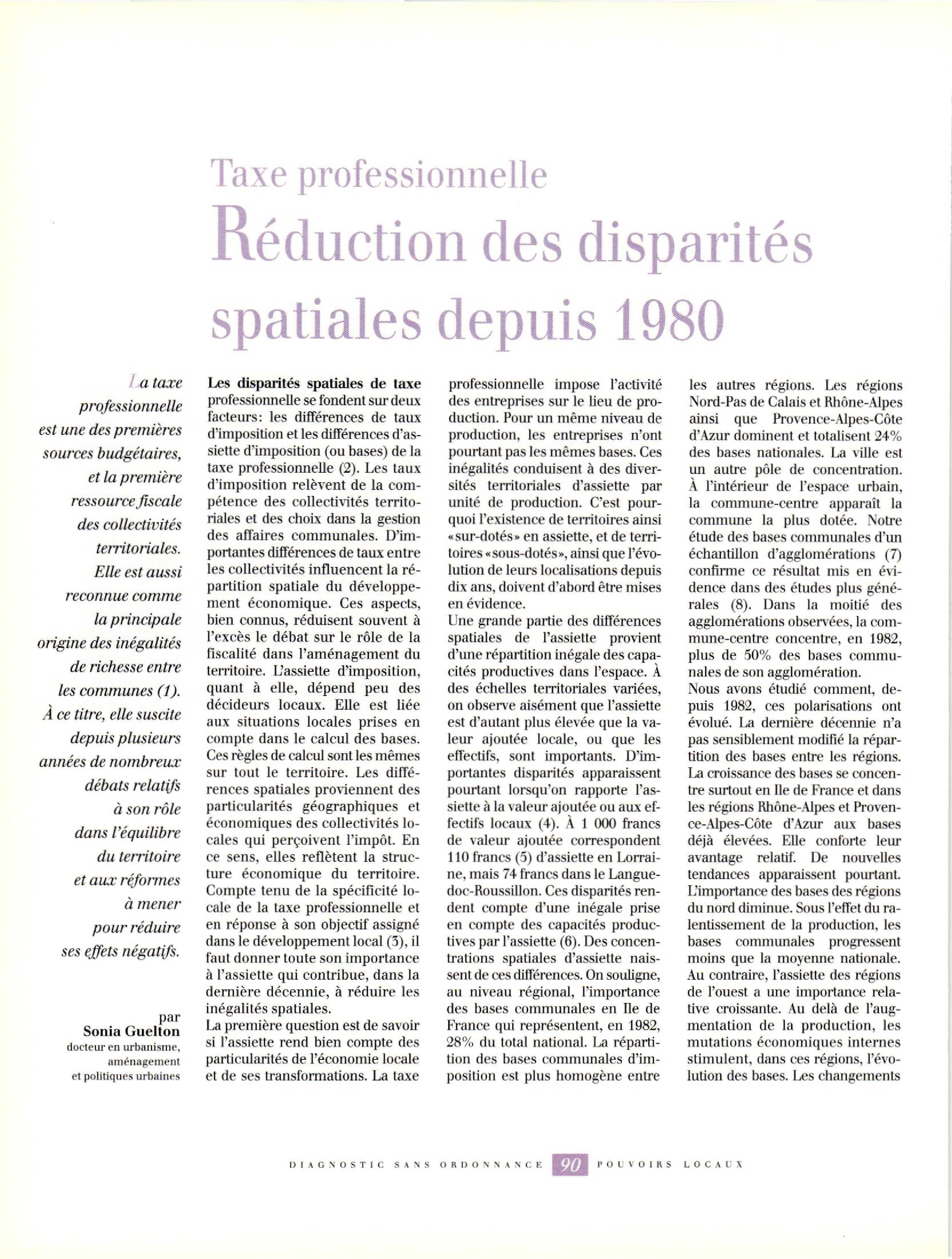 Article :  Taxe professionnelle: Réduction des disparités