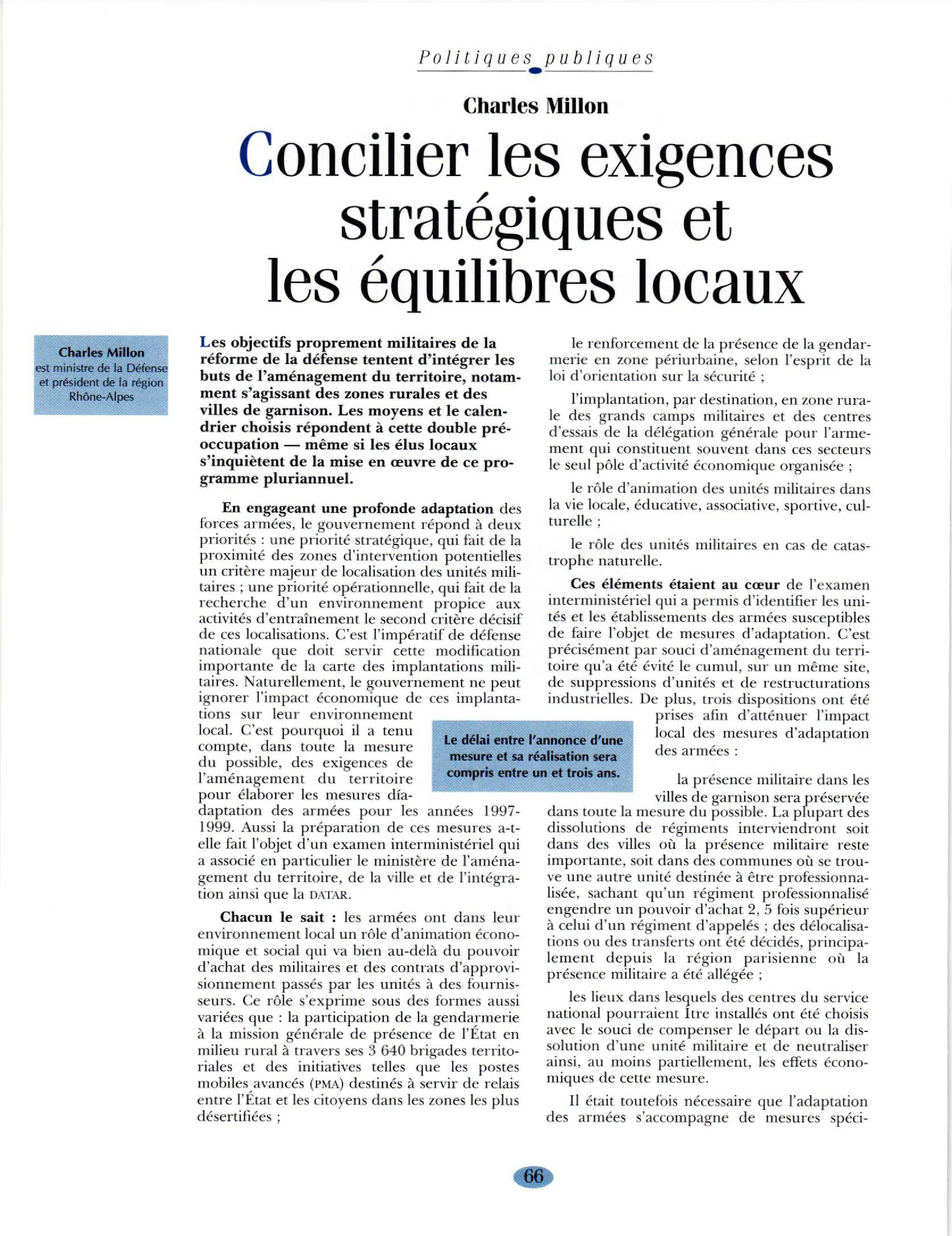 Article :  Réforme des armées et aménagement du territoire : concilier les exigences stratégiques et les équilibres locaux,