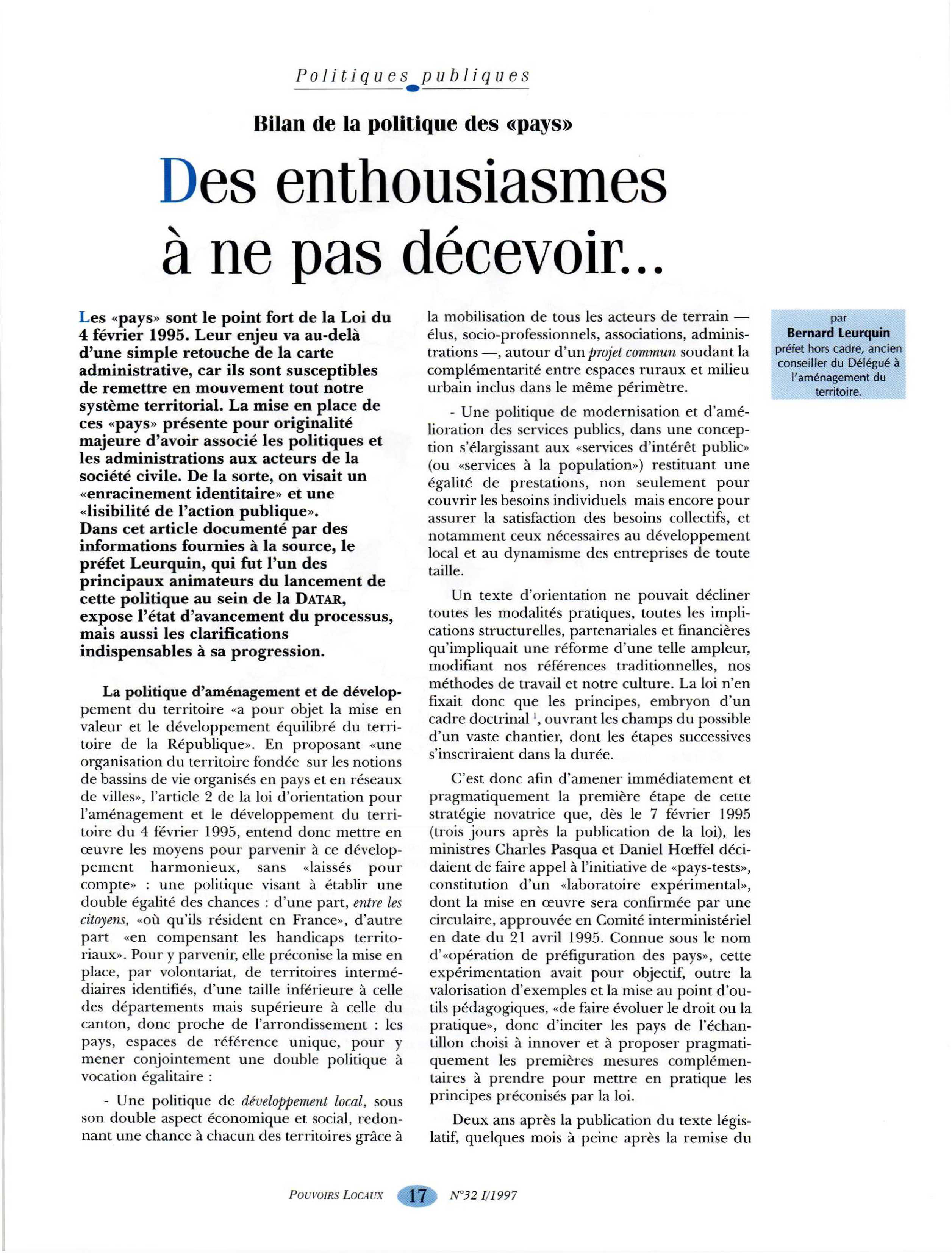 Article : Bilan de la politique de « pays » - Des enthousiasmes à ne pas décevoir