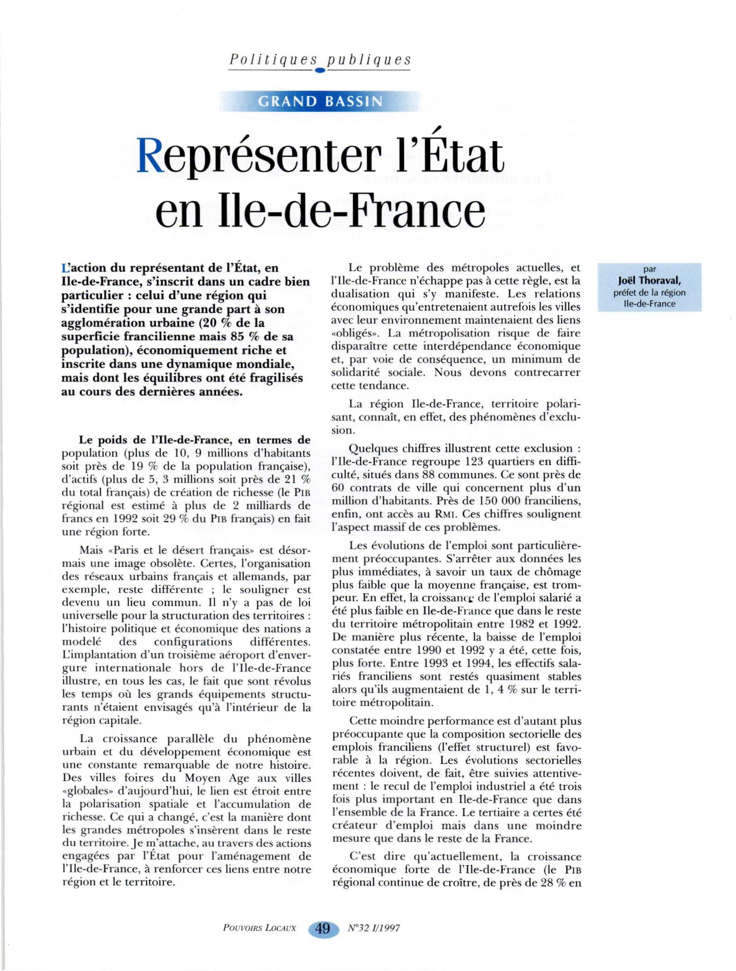 Article : Grands bassins parisiens - Représenter l’Etat en Ile-de-France