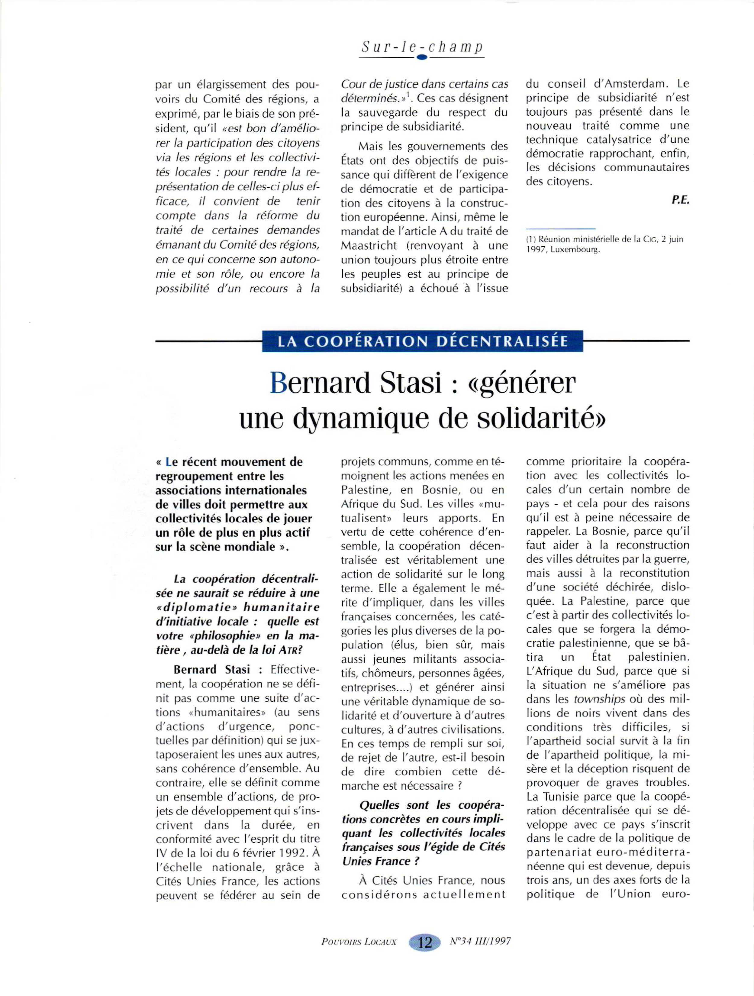 Article : La coopération décentralisée - , Entretien avec Bernard Stasi