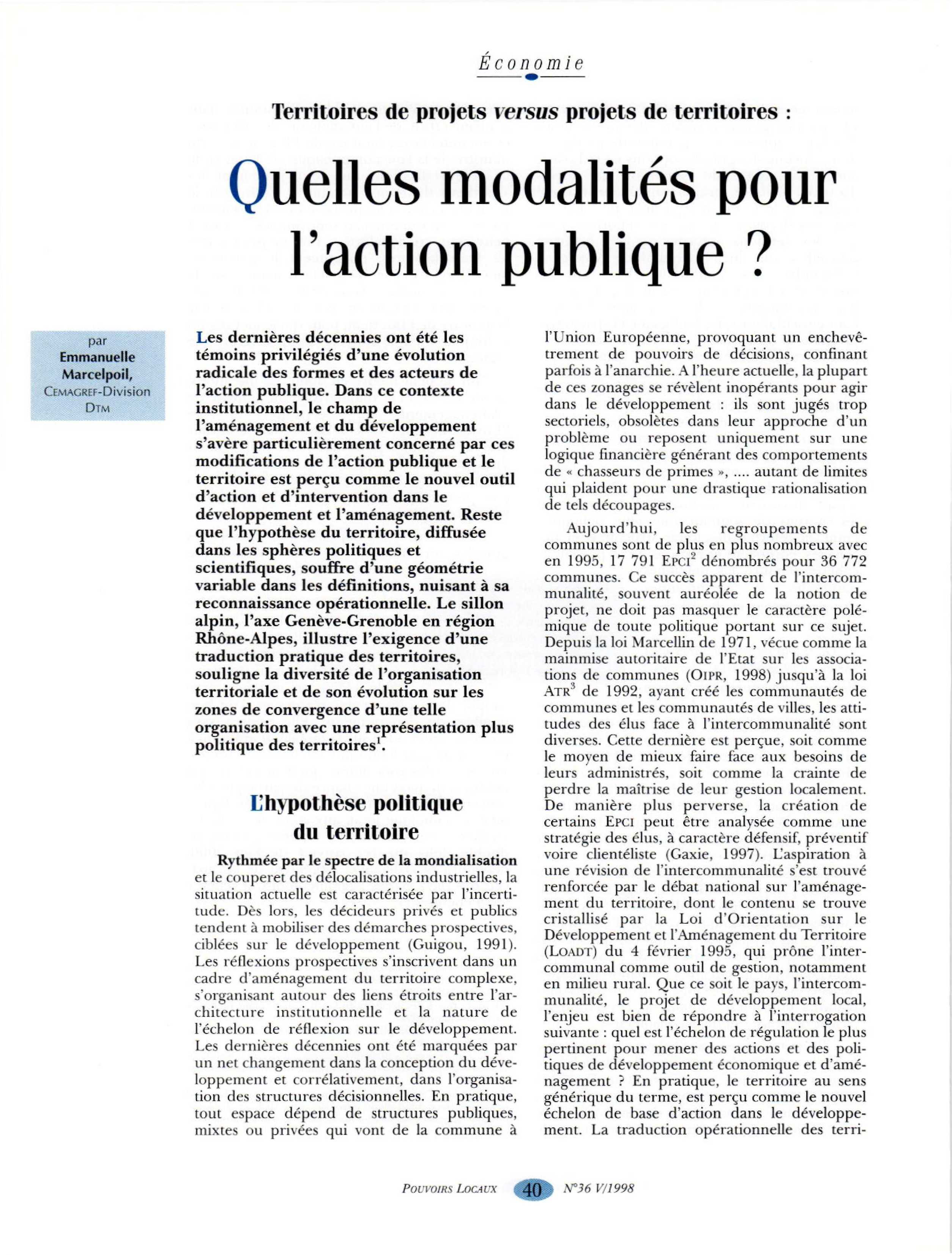 Article : Territoires de projets versus projets de territoires : quelles modalités pour l’action publique ?
