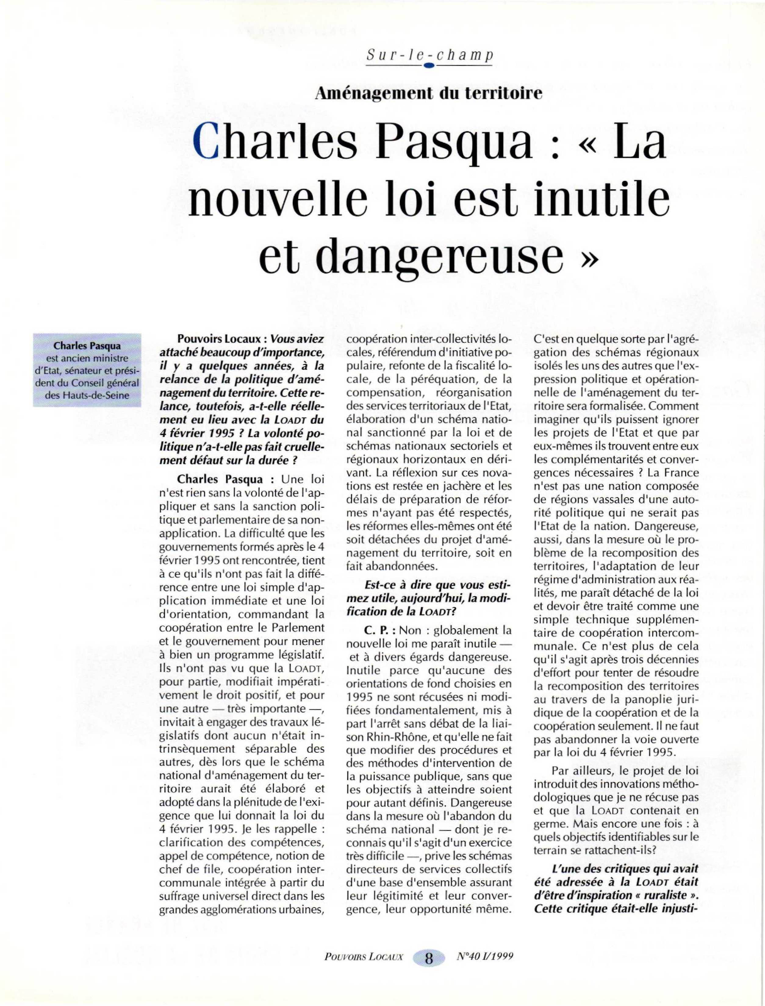 Article : Aménagement du territoire - , Entretien avec Charles Pasqua