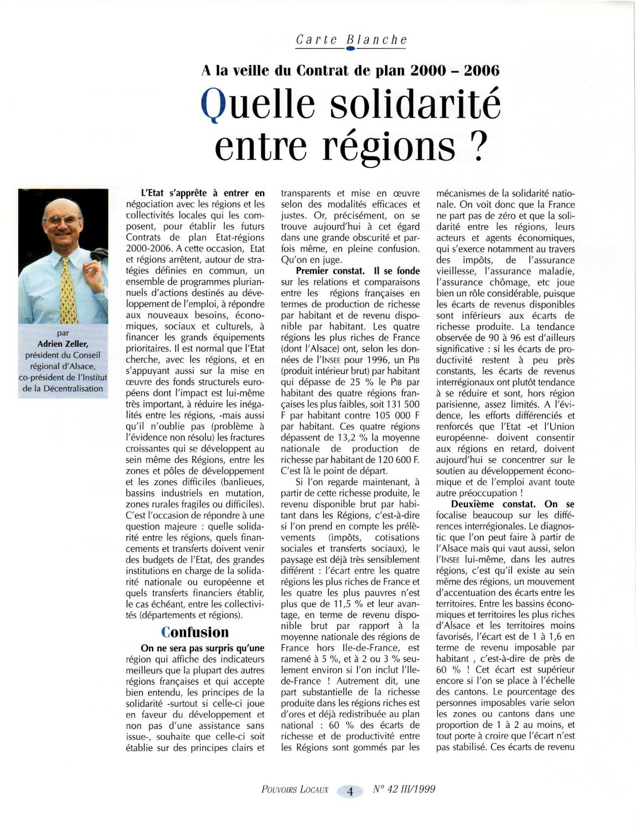 Article : A la veille du contrat de Plan 2000-2006 - Quelle solidarité entre régions ?