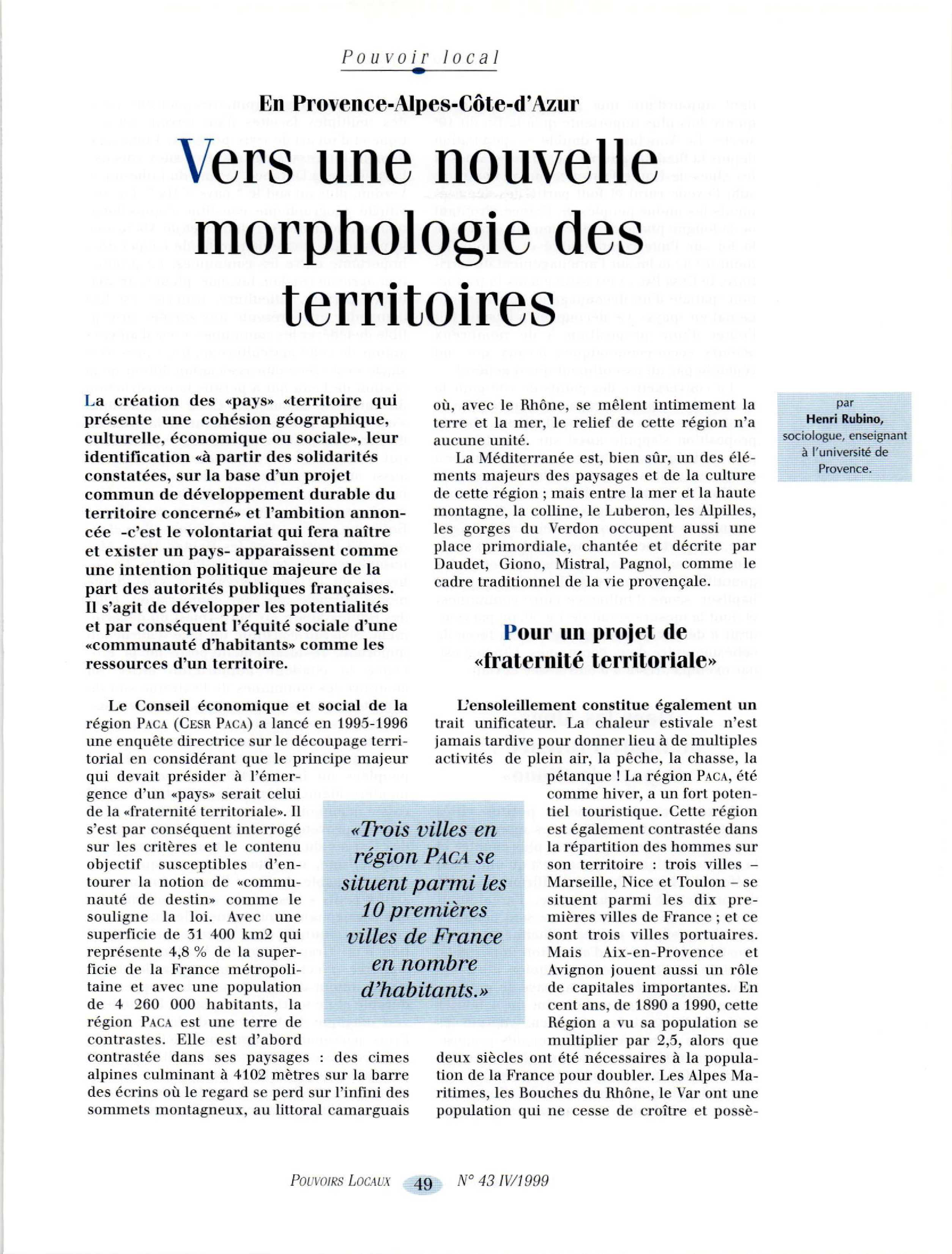 Article : En Provence-Alpes-Côte-D’azur - Vers une nouvelle morphologie des territoires, Rubino H.