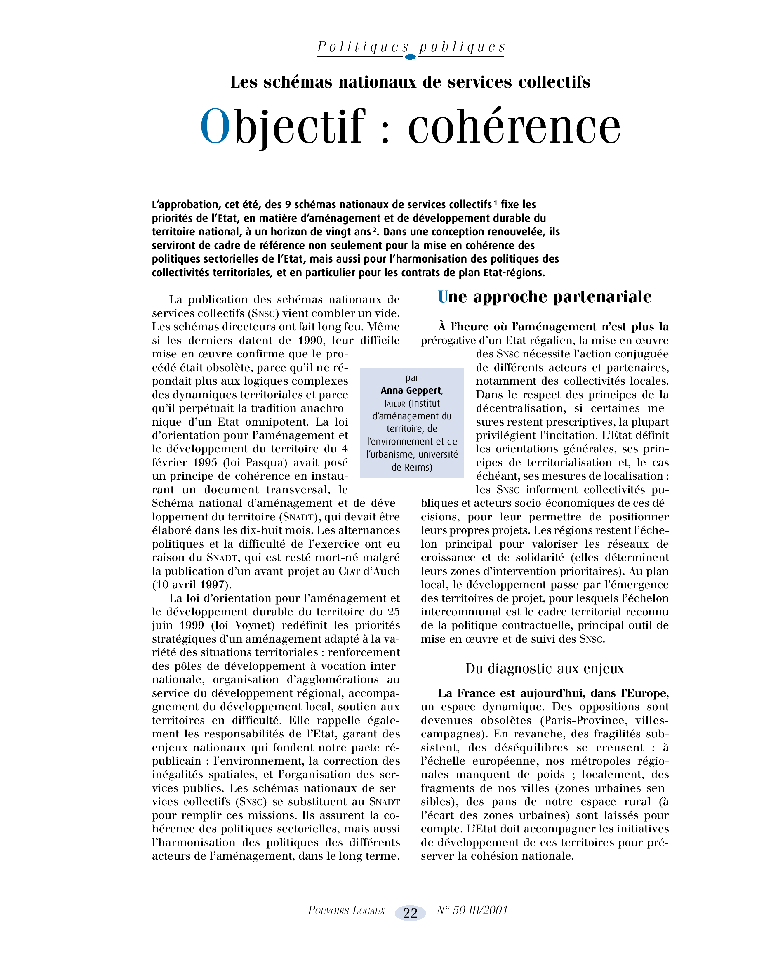 Article : Schémas nationaux de services collectifs - objectif : cohérence