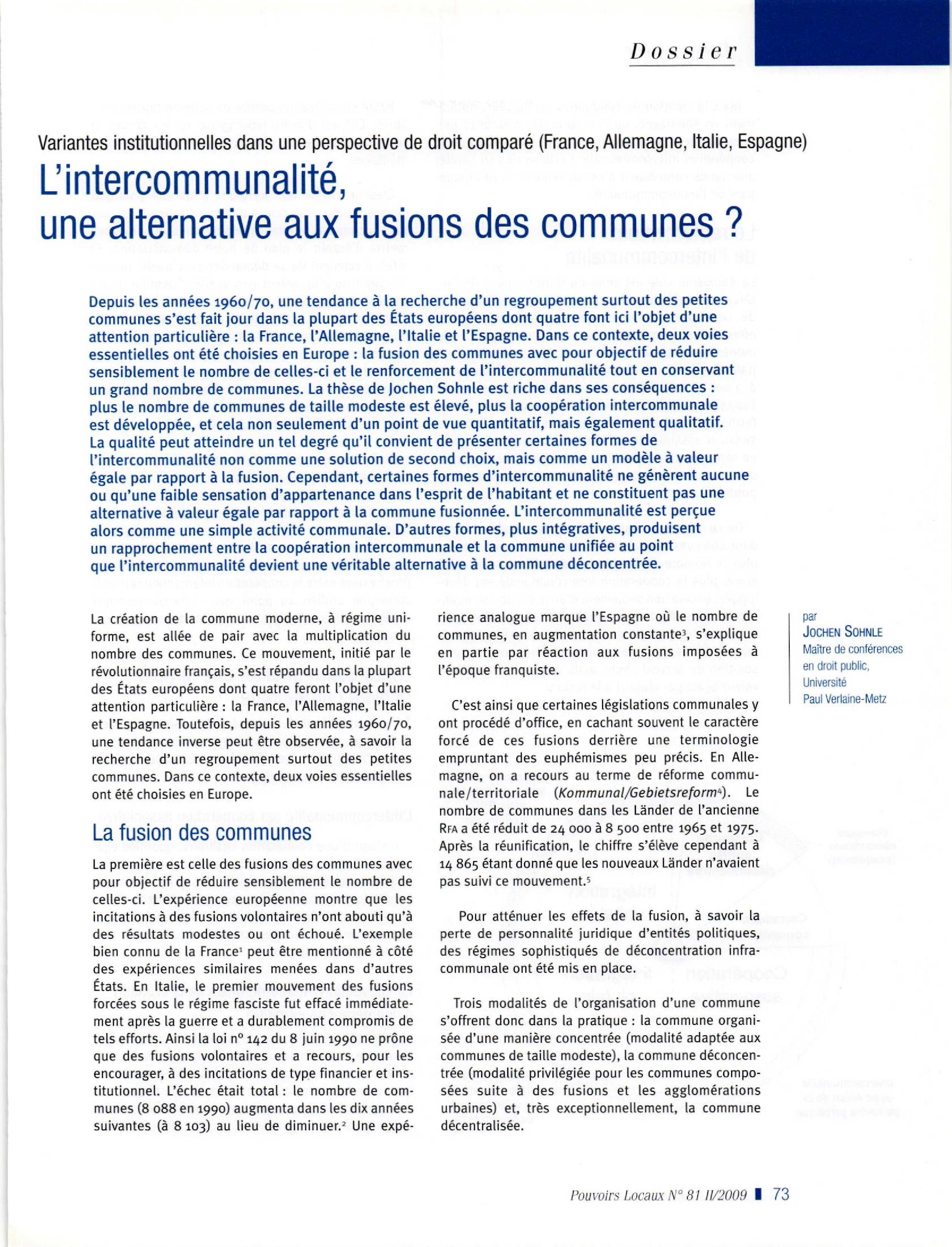 Article : Variantes institutionnelles dans une perspective de droit comparé (France, Allemagne, Italie, Espagne) : l’intercommunalité, une alternative aux fusions des communes ?