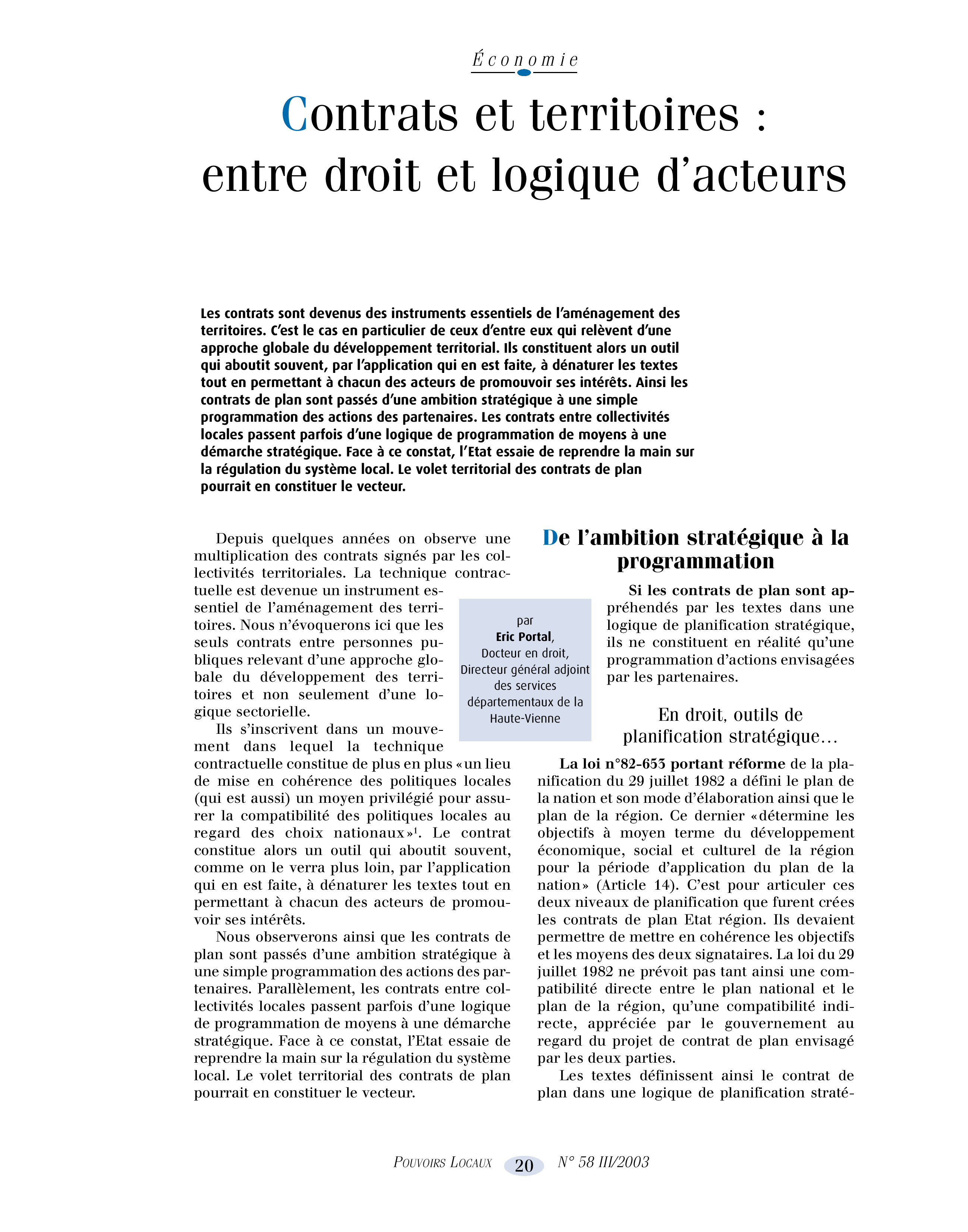 Article : Contrats et territoires : entre droit et logique d’acteurs