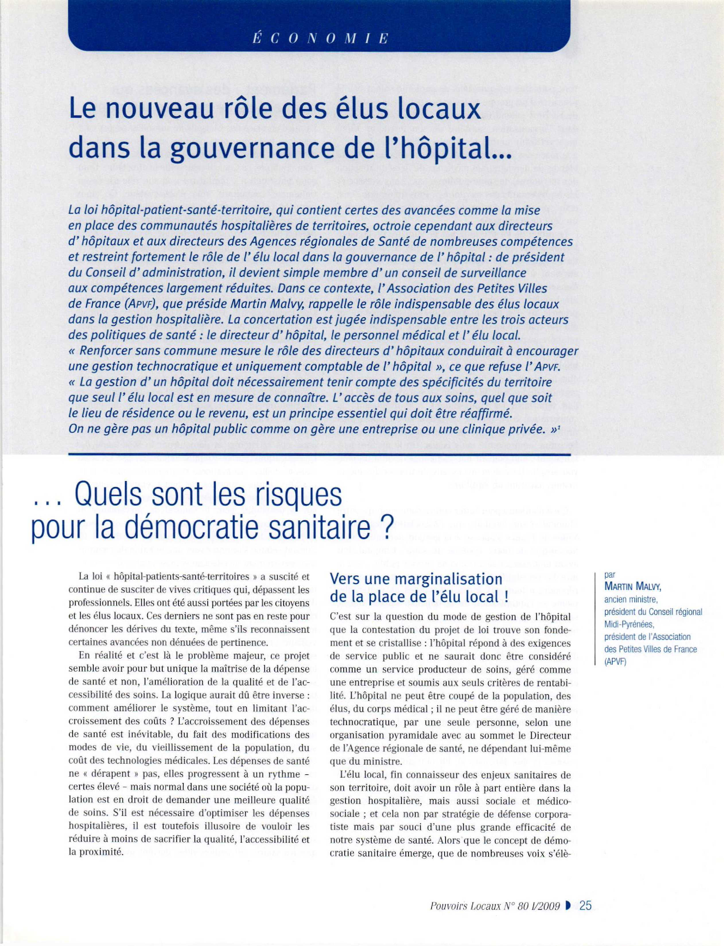 Article : Le nouveau rôle des élus locaux dans la gouvernance de l’hôpital … Quels sont les risques pour la démocratie sanitaire ?