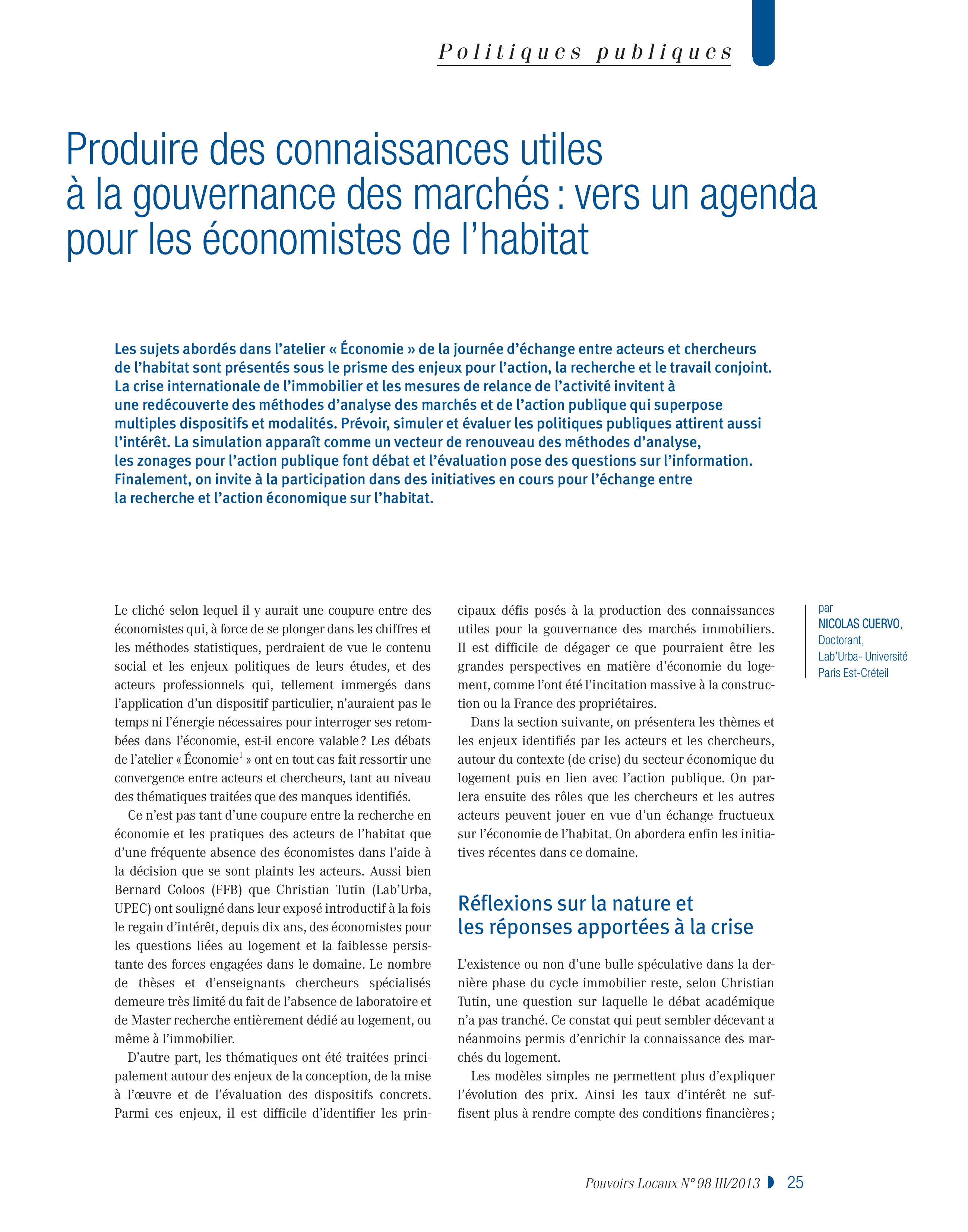 Article : Produire des connaissances utiles à la gouvernance des marchés : vers un agenda pour les économistes de l’habitat