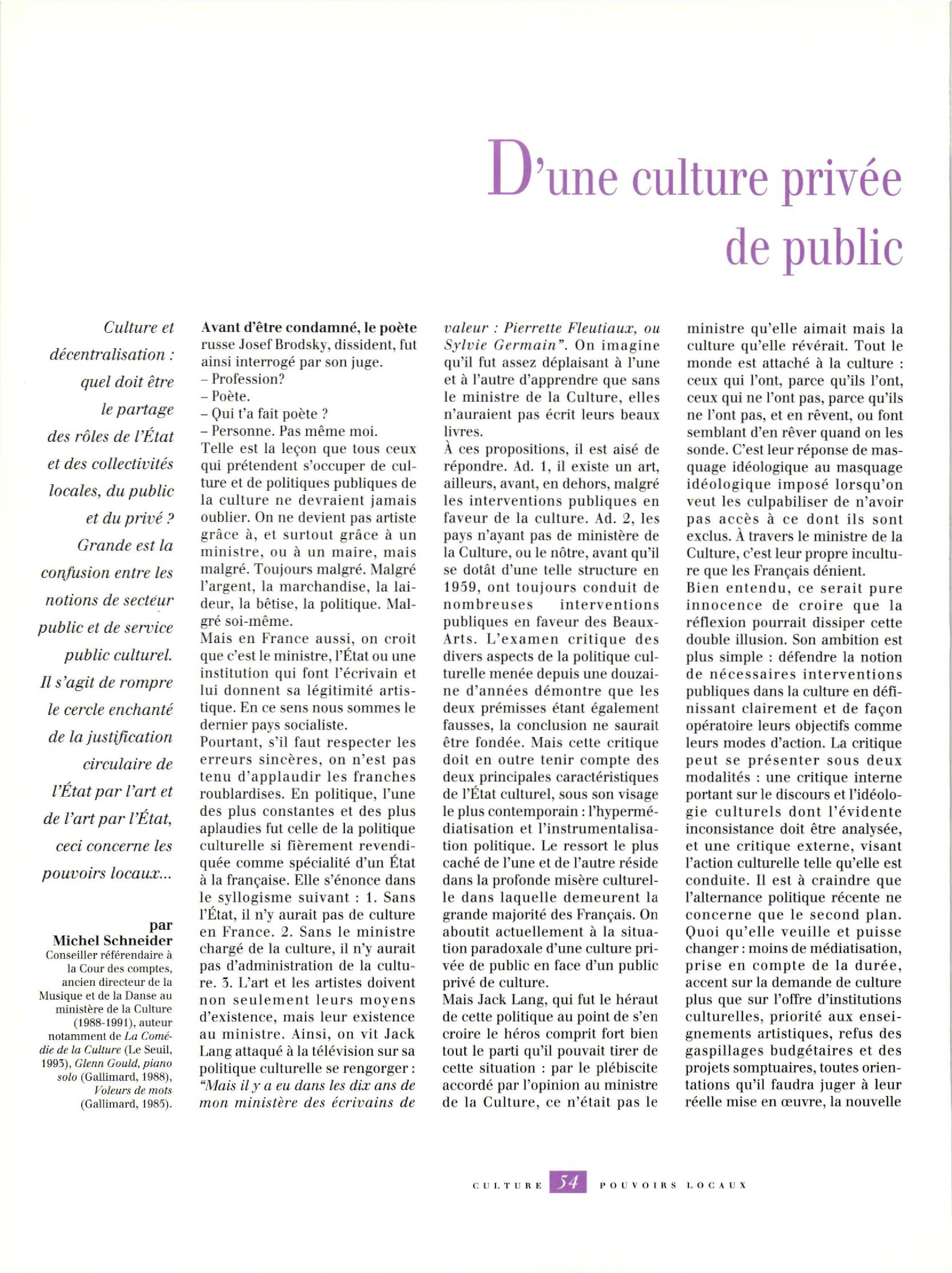 Article :  D’une culture privée de public