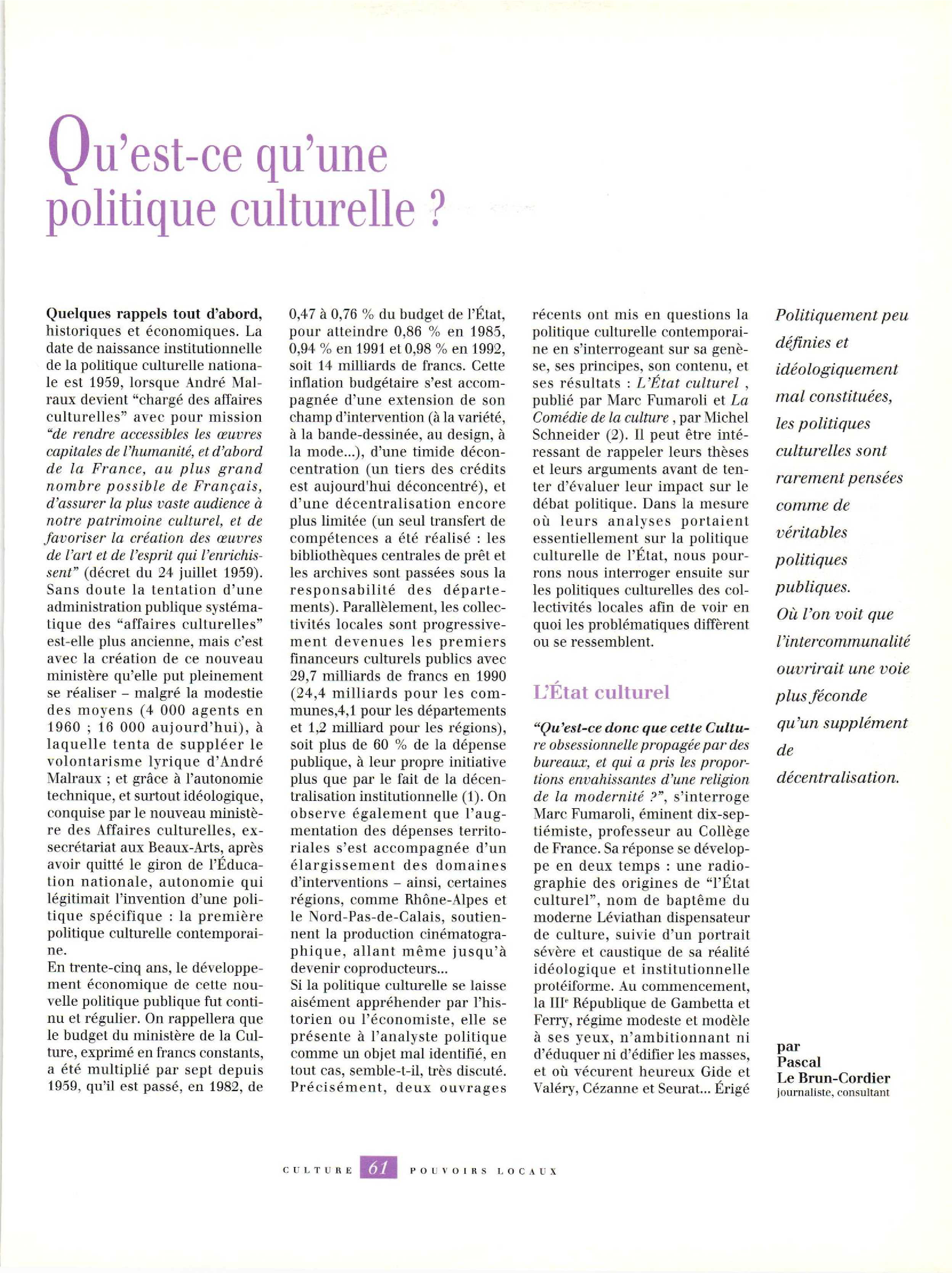 Article : Qu’est-ce qu’une politique publique culturelle