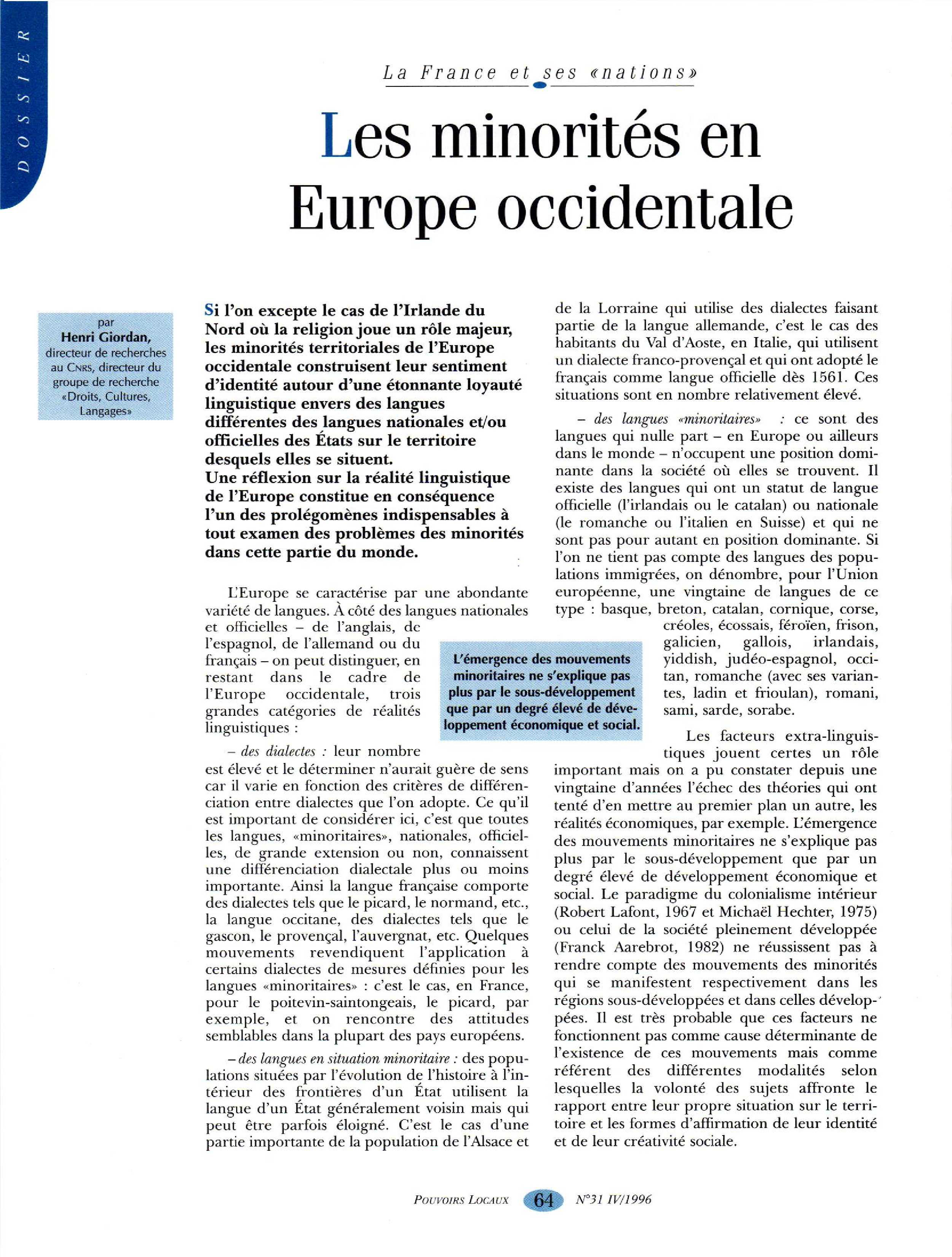 Article : Les minorités en Europe occidentale