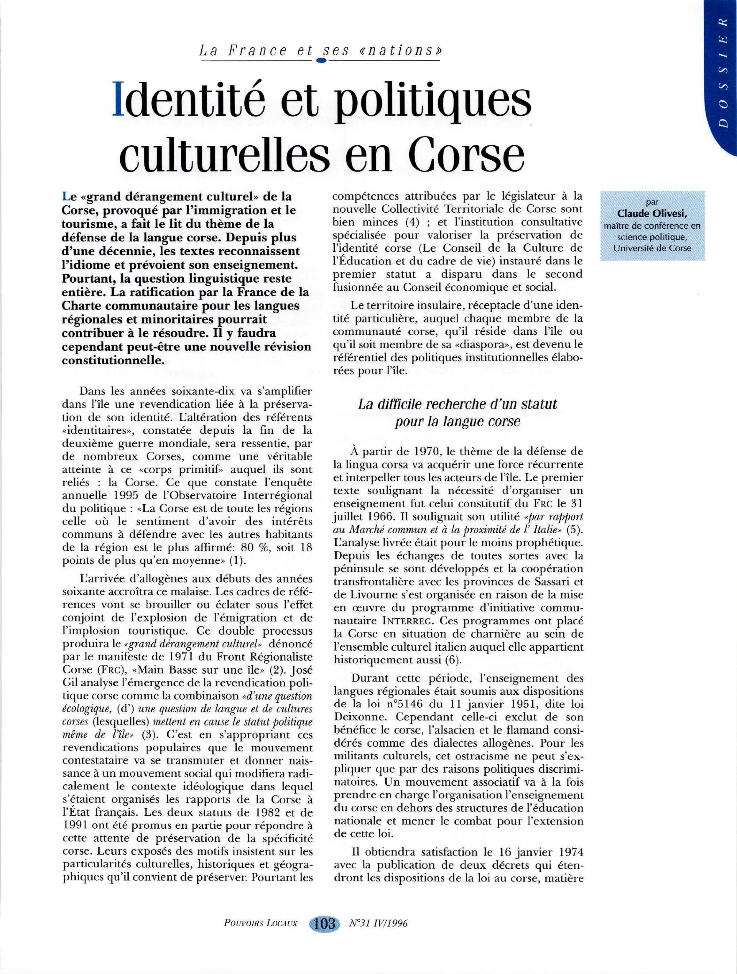 Article : Identité et politiques culturelles en Corse