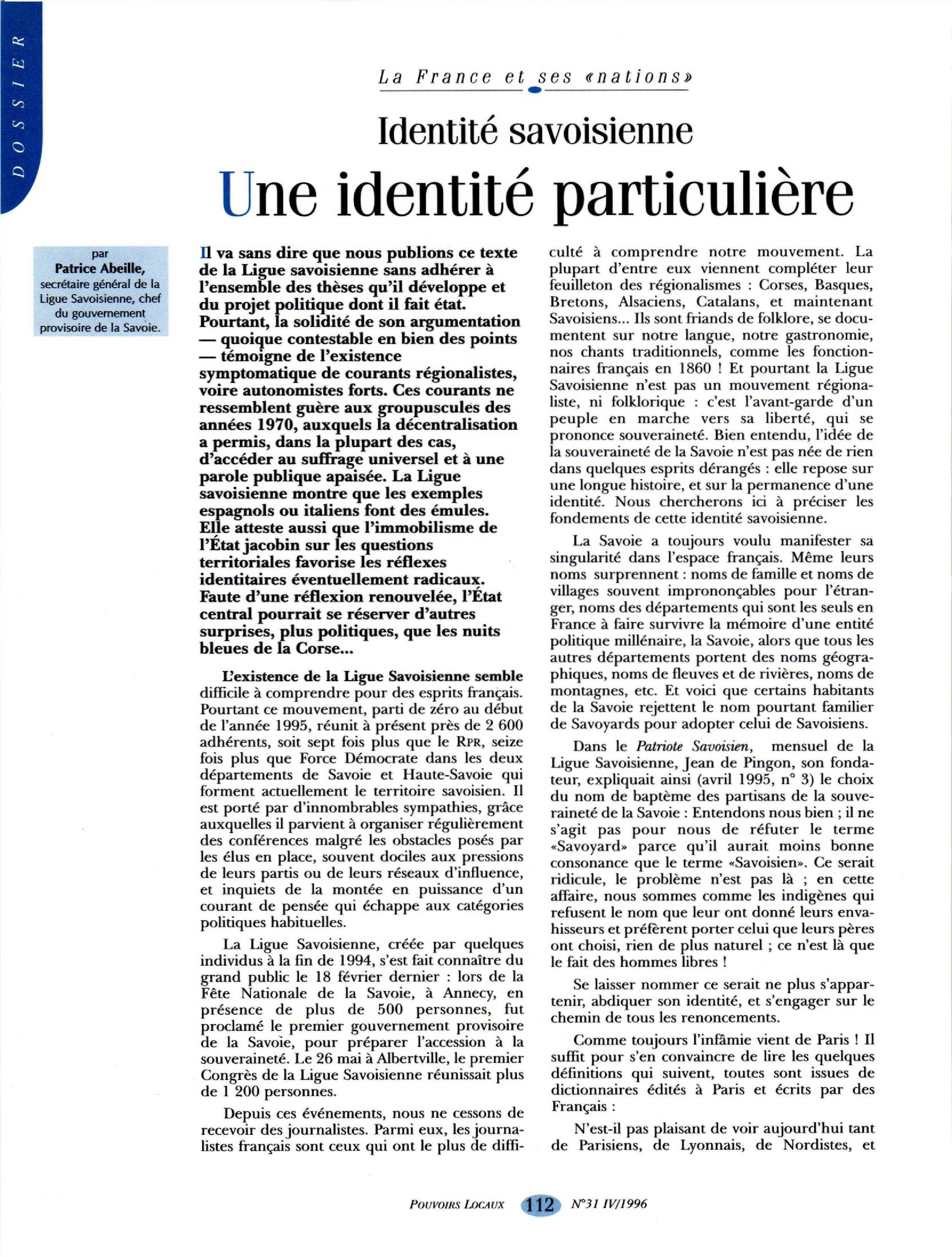 Article : Identité savoisienne - Une identité particulière