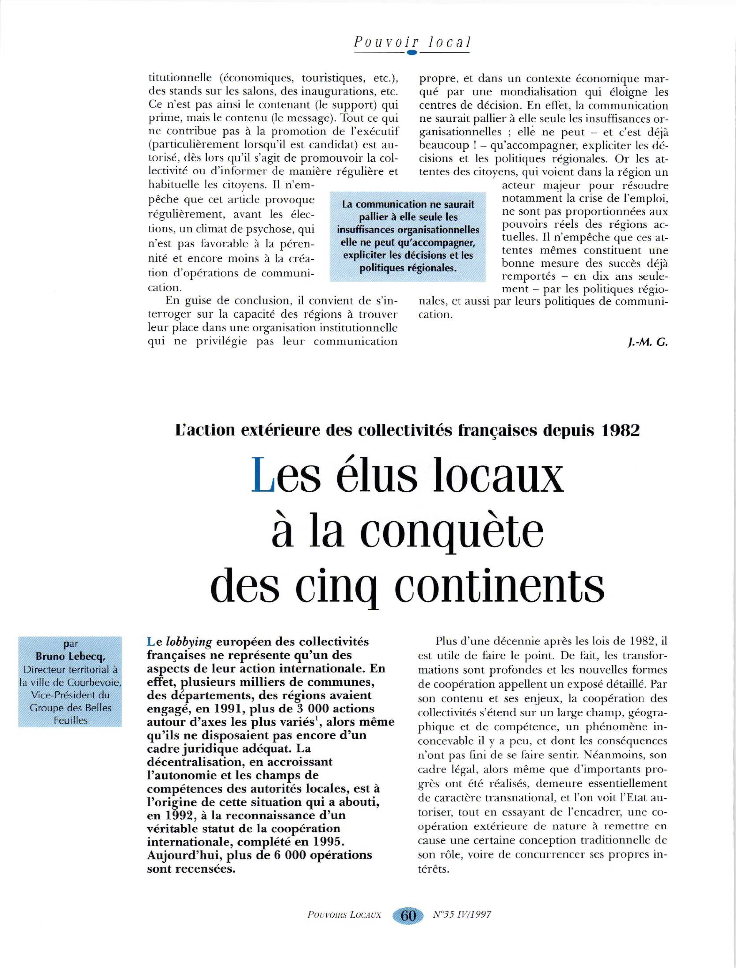 Article : L’action extérieure des collectivités françaises depuis 1982 - Les élus locaux à la conquête des cinq continents