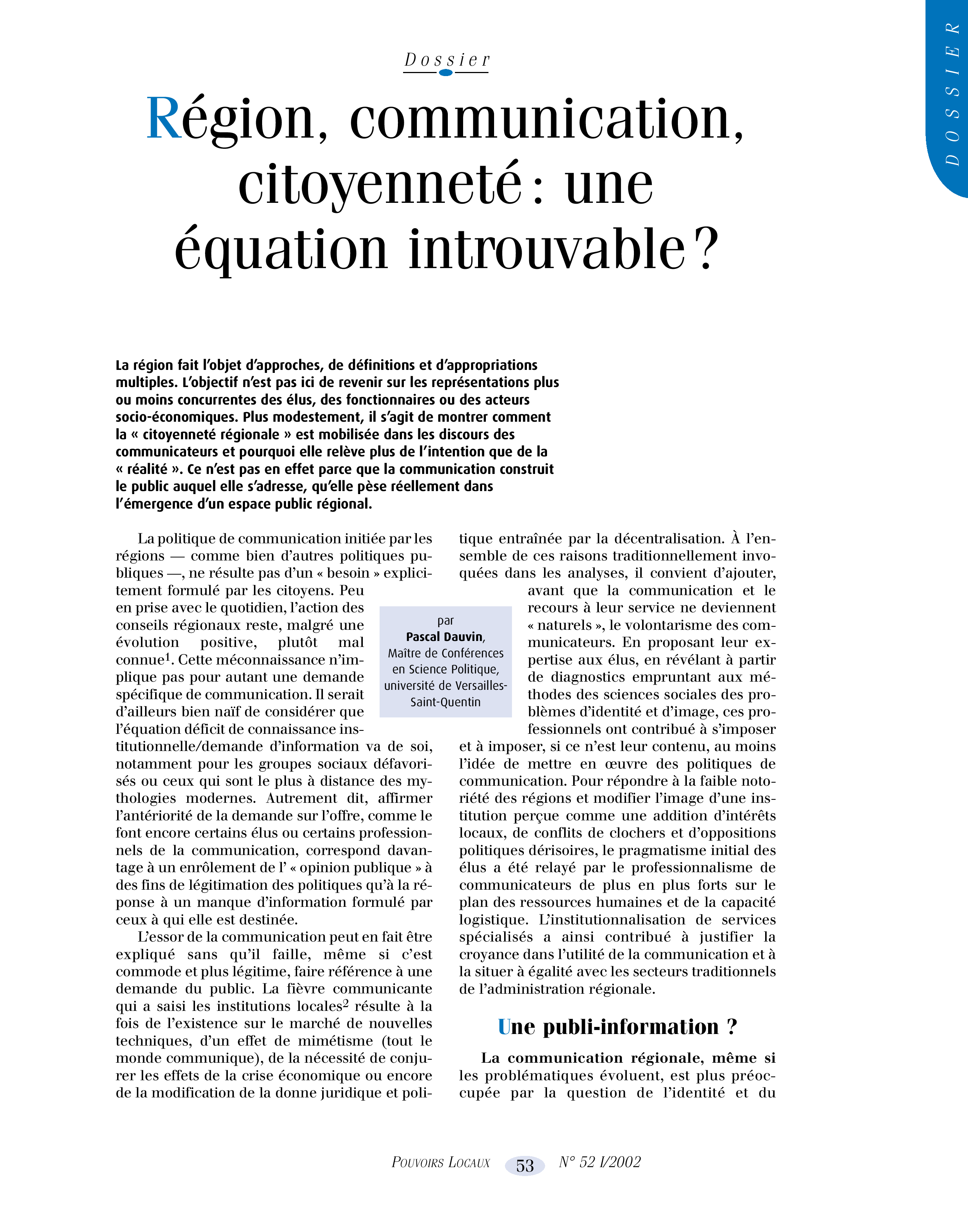 Article : Région, communication, citoyenneté : une équation introuvable ?