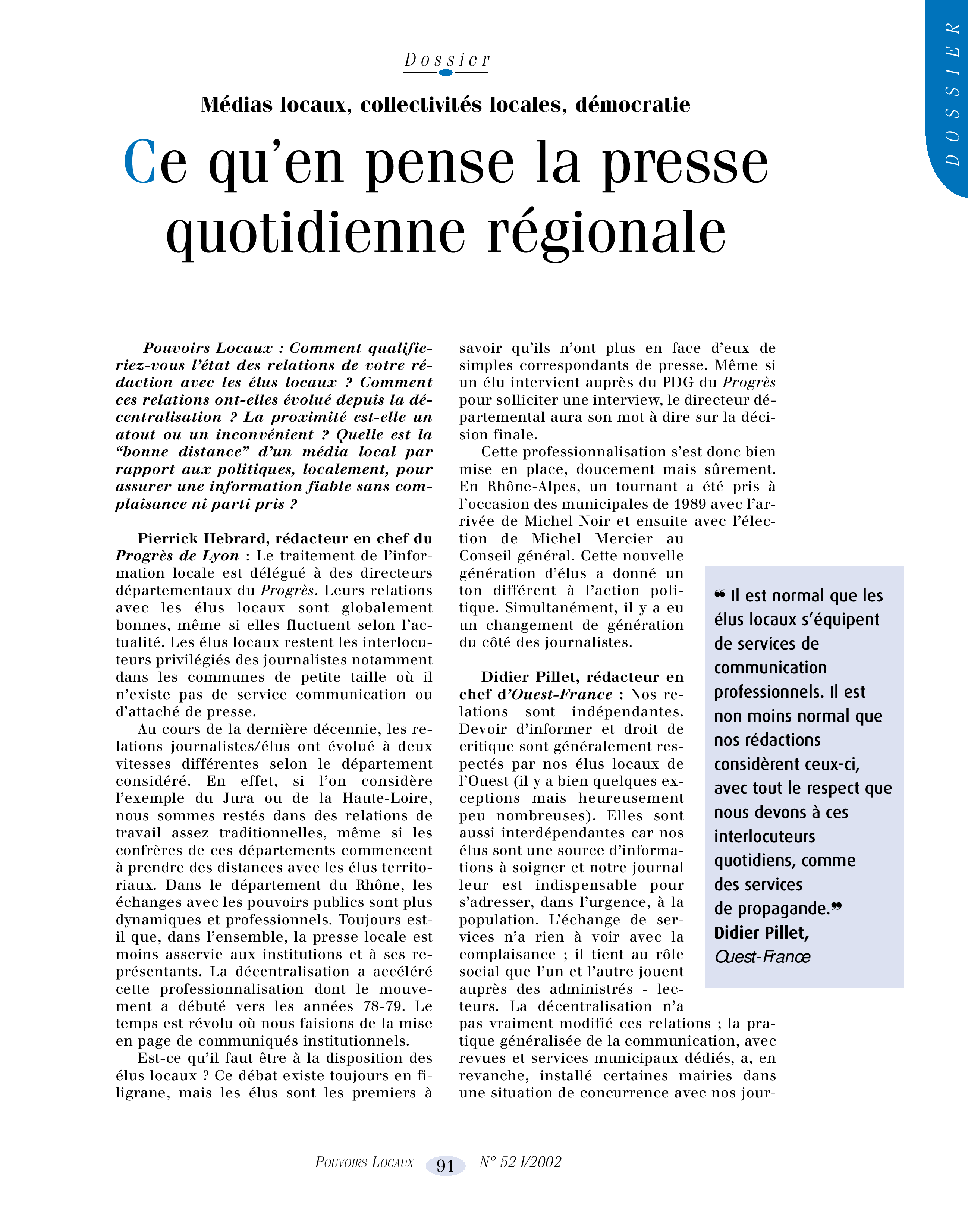 Article : Médias locaux, collectivités locales, démocratie : ce qu¹en pense la presse quotidienne régionale