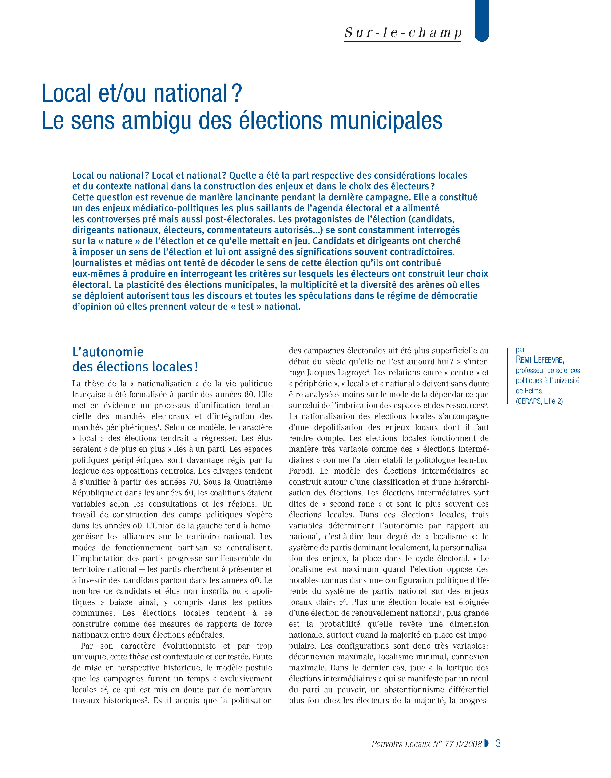 Article : Local ou/et national ? Le sens ambigu des élections municipales
