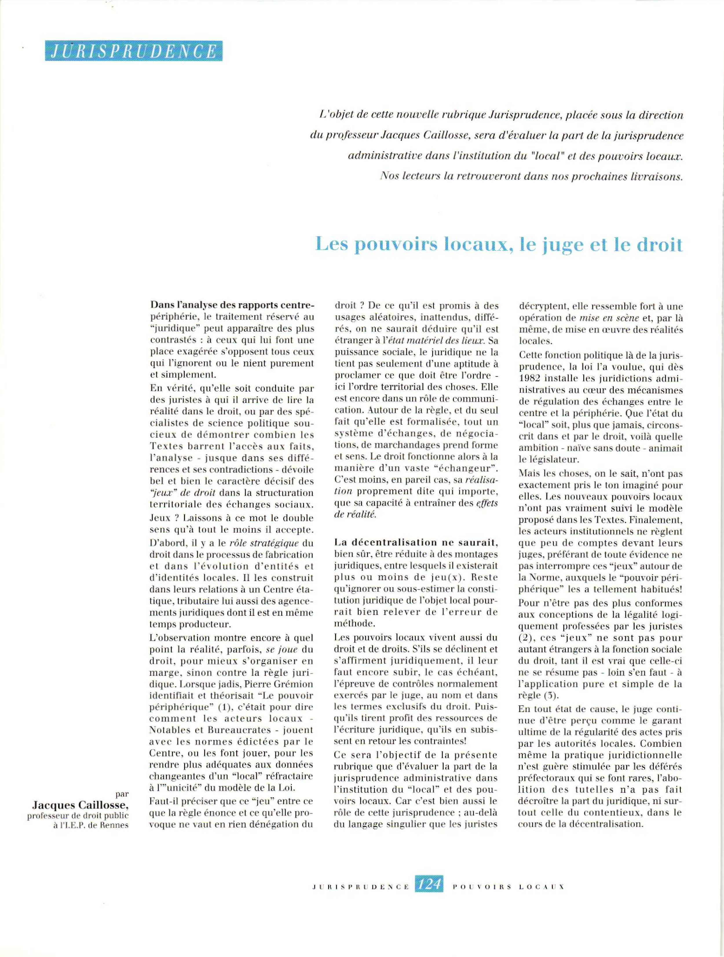 Article : Les pouvoirs locaux, le juge et le droit
