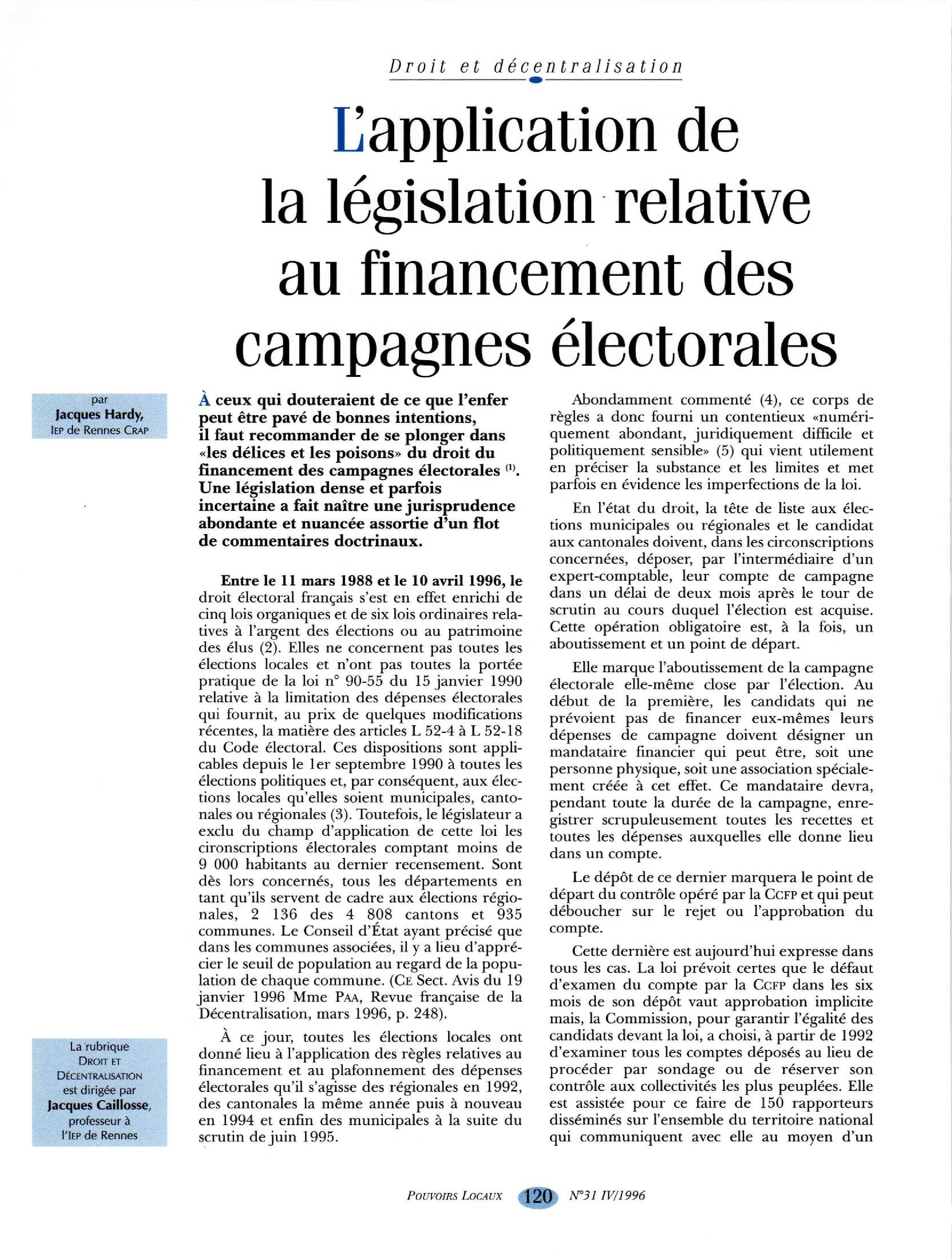 Article : L’application de la législation relative au financement des campagnes électorales