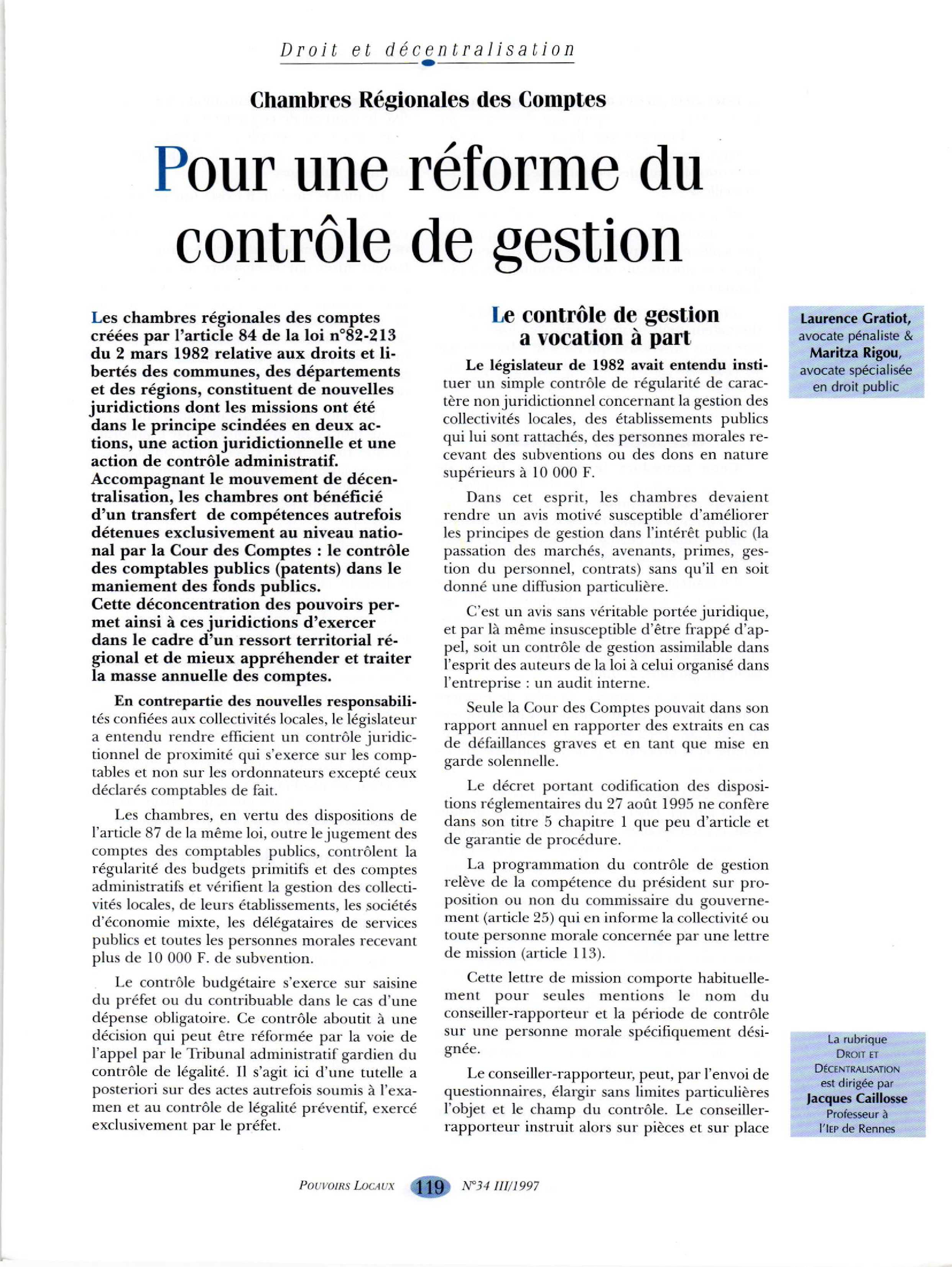 Article : Chambres régionales des comptes - Pour une réforme du contrôle de gestion