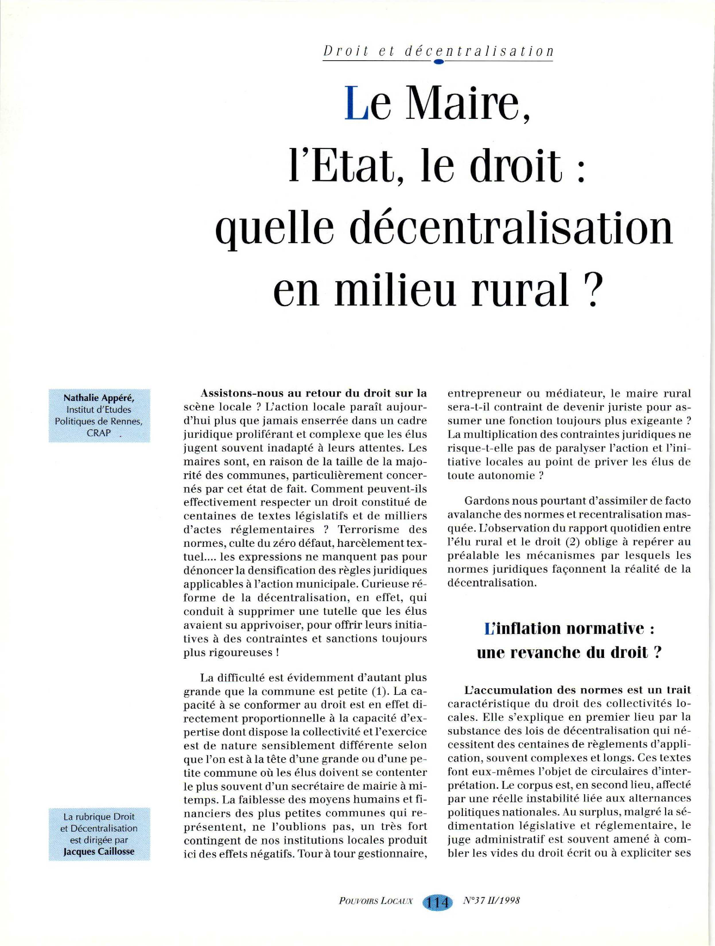 Article : Le maire, l’Etat, le droit : quelle décentralisation en milieu rural ?