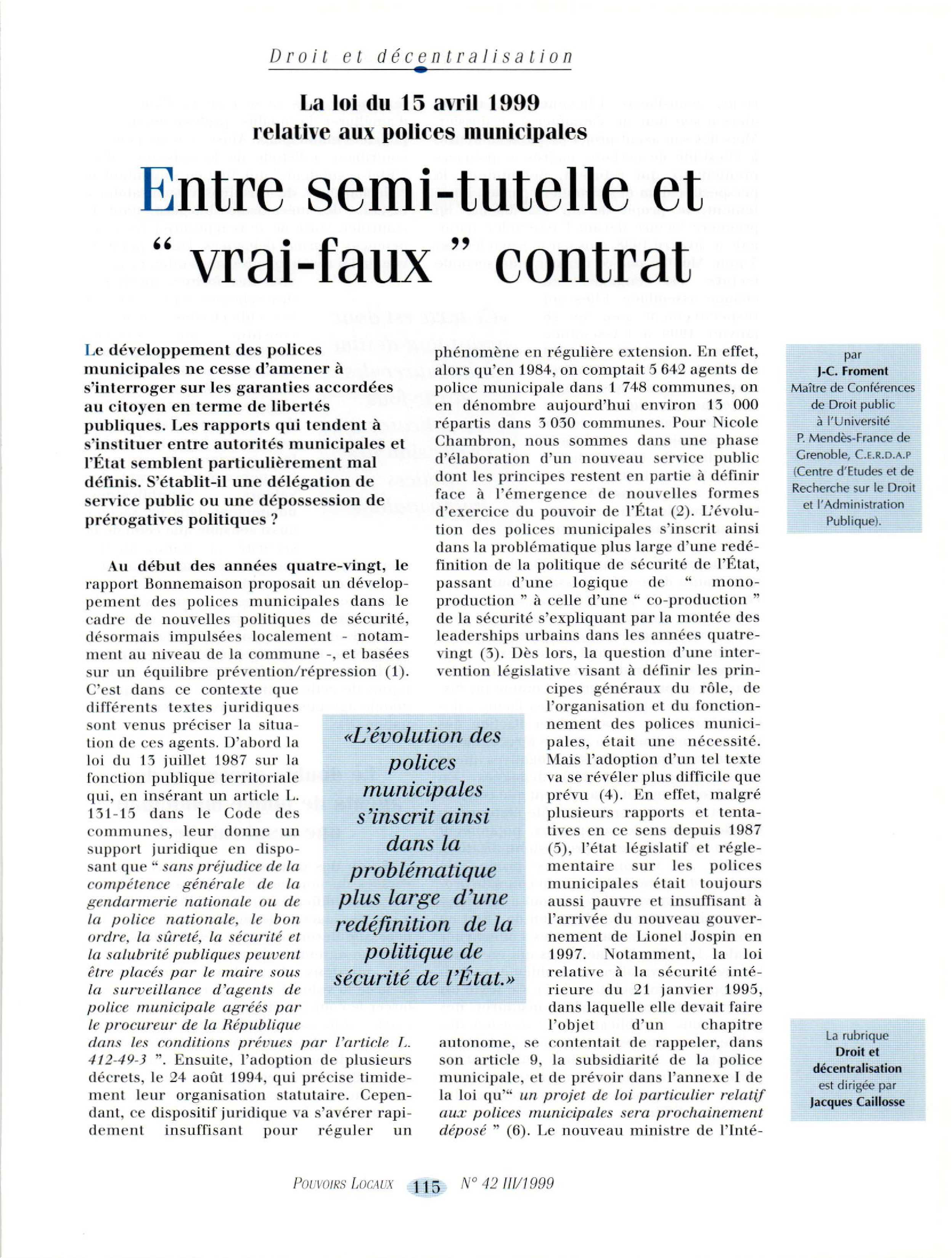 Article : La loi du 15 avril 1999 relative aux polices municipales - Entre semi-tutelle et « vrai-faux » contrat