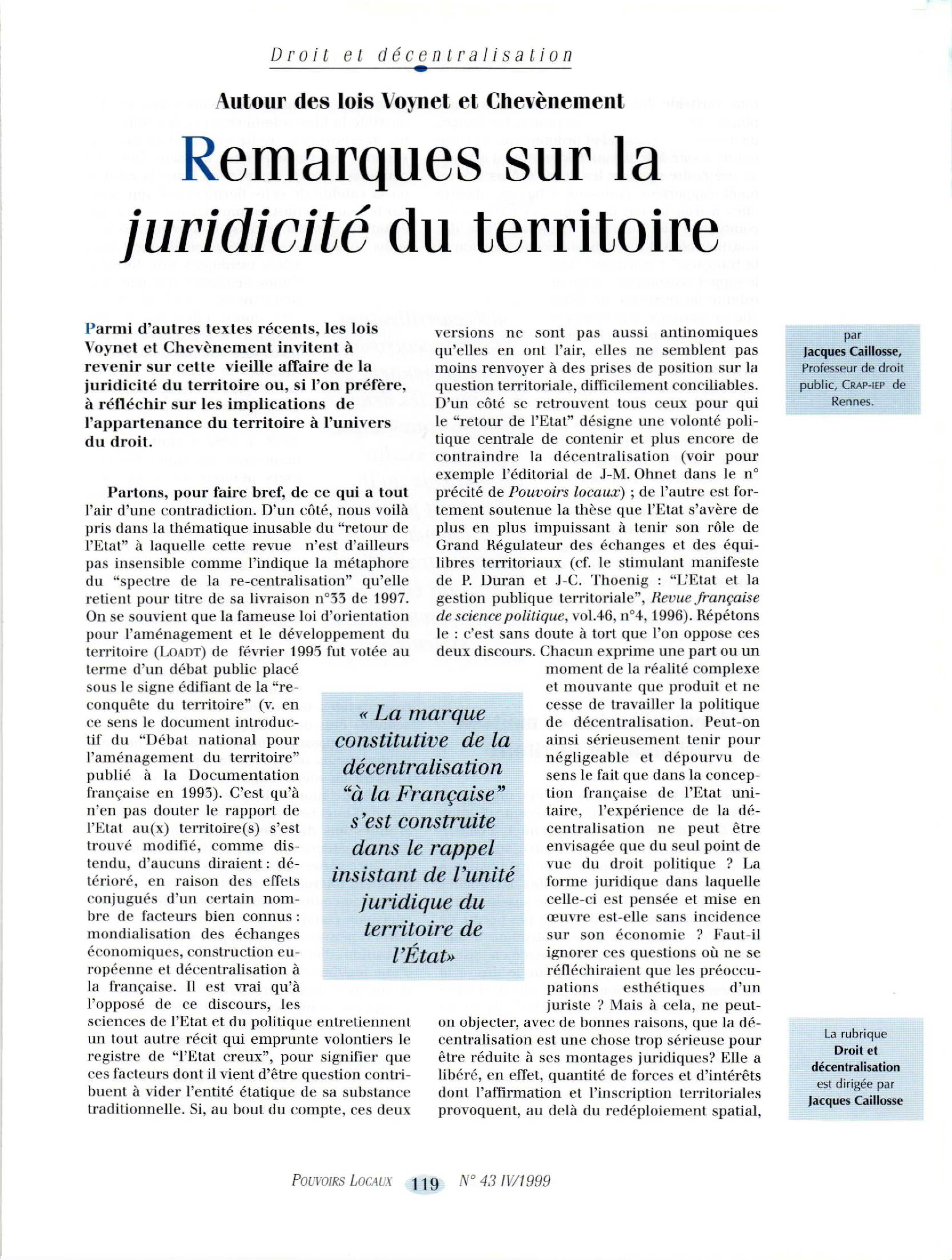 Article : Autour des lois Voynet et Chevènement - Remarques sur la juridicité du territoire