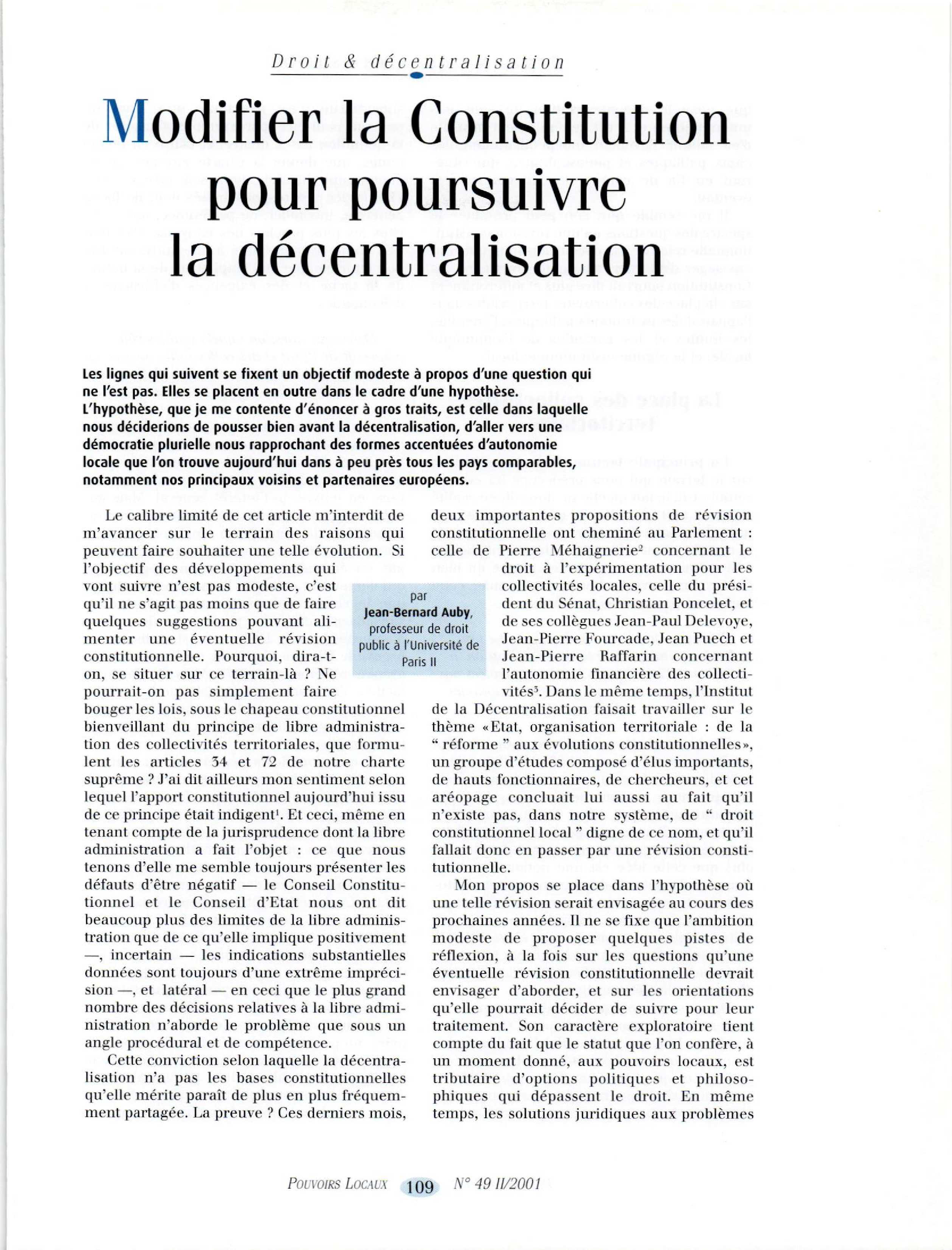 Article : Modifier la Constitution pour poursuivre la décentralisation