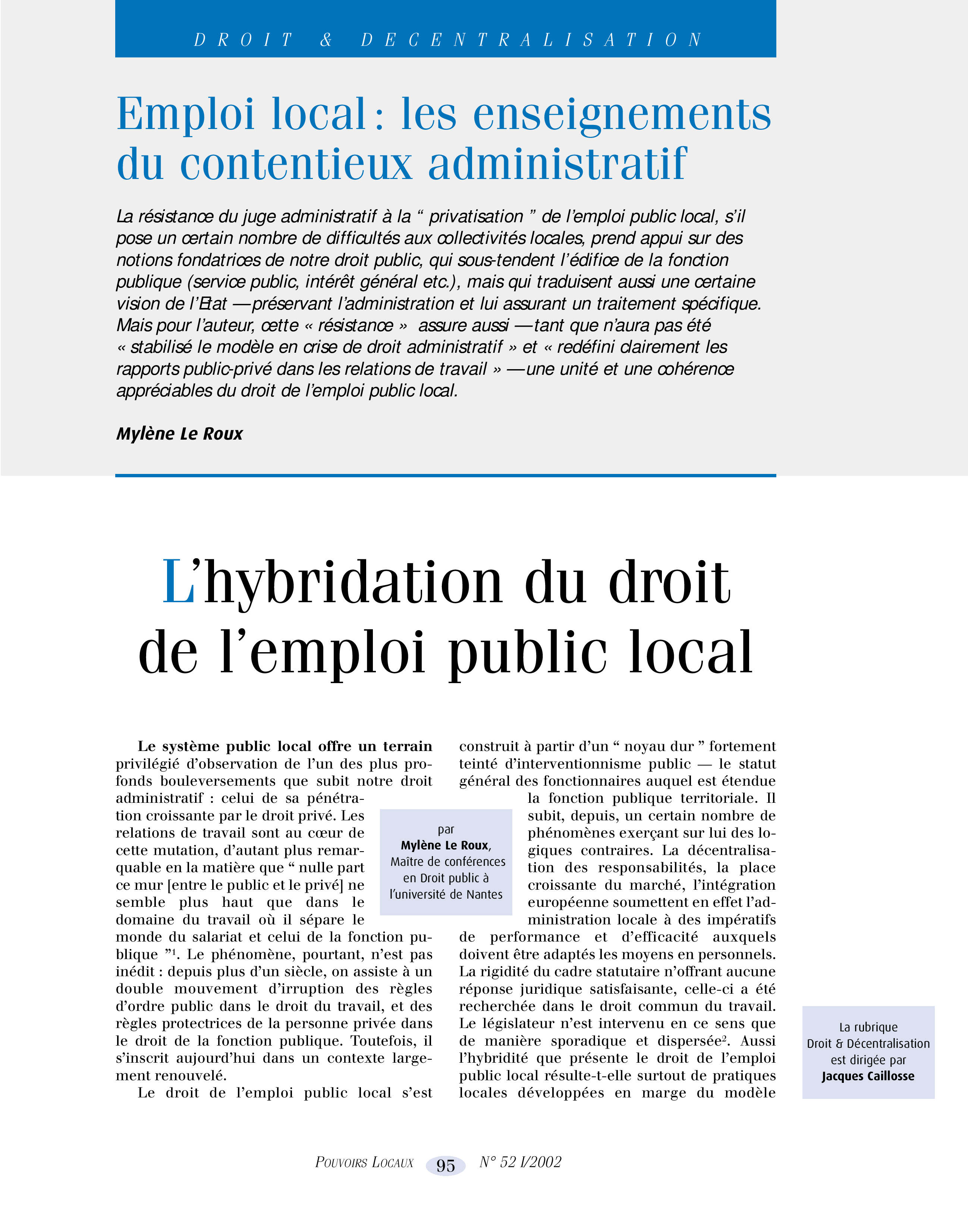 Article : L’hybridation du droit de l’emploi publique local