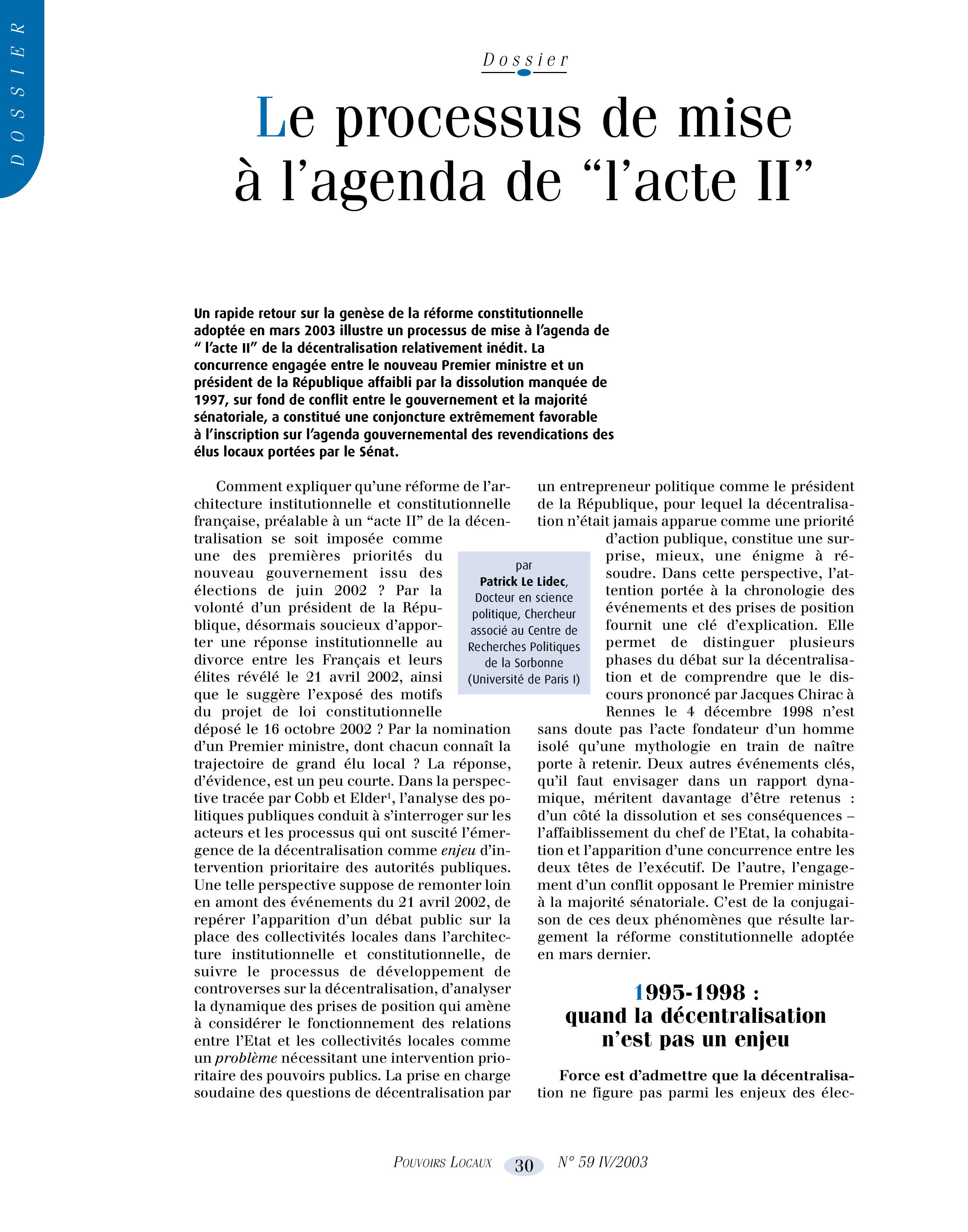 Article : Le processus de mise à l’agenda de « l’acte II »