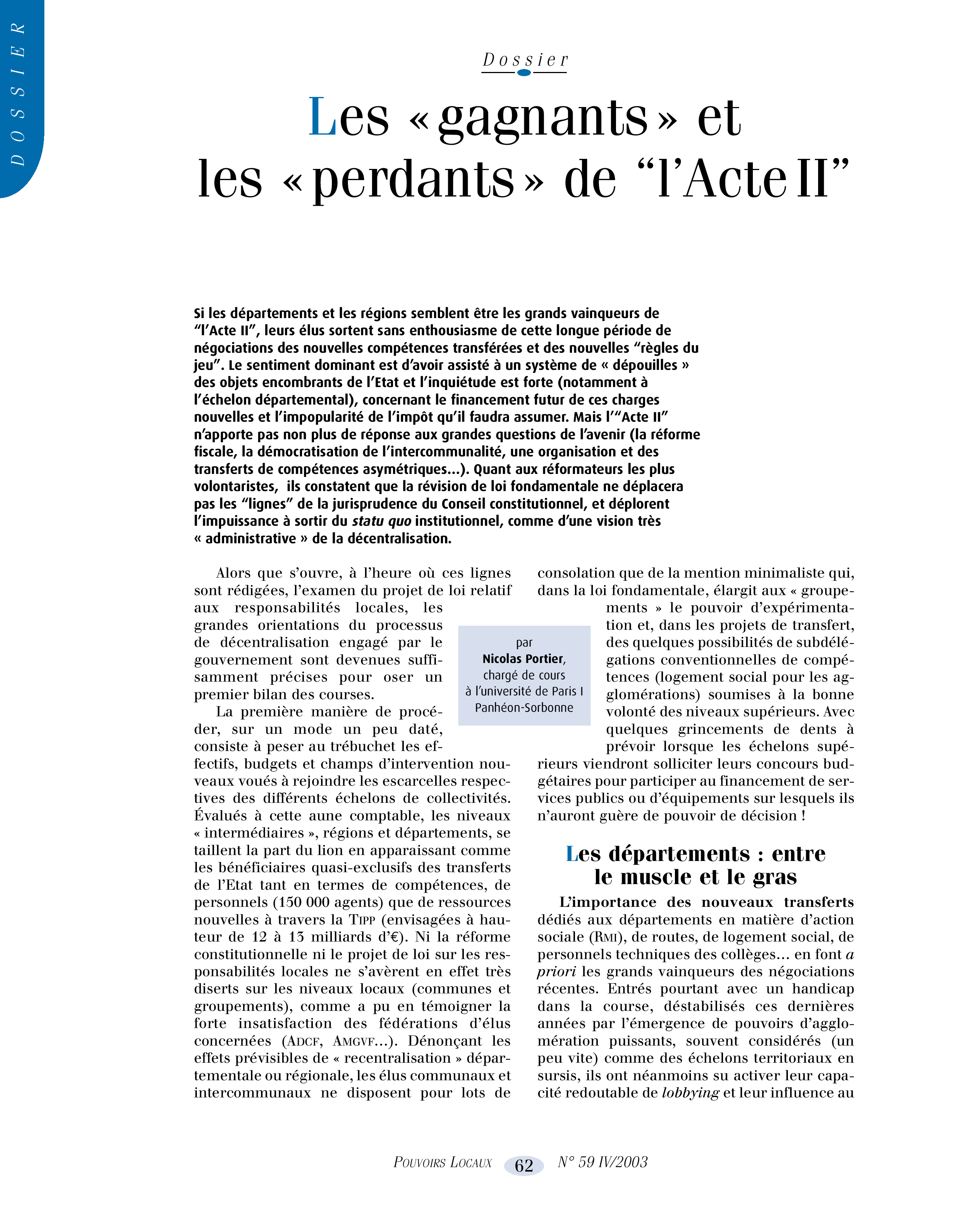 Article : Les gagnants et les perdants de l’Acte II