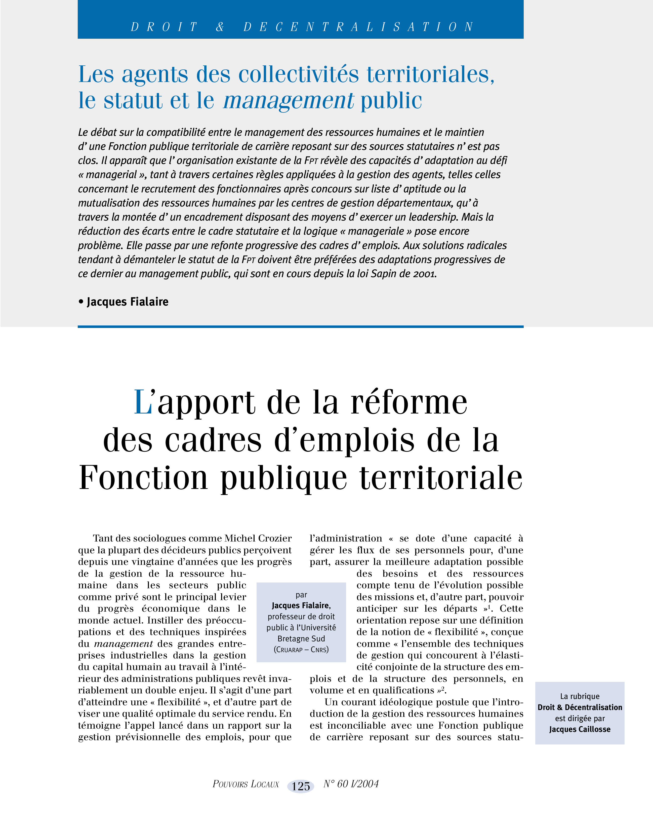 Article : L’apport de la réforme des cadres d’emplois de la Fonction publique territoriale