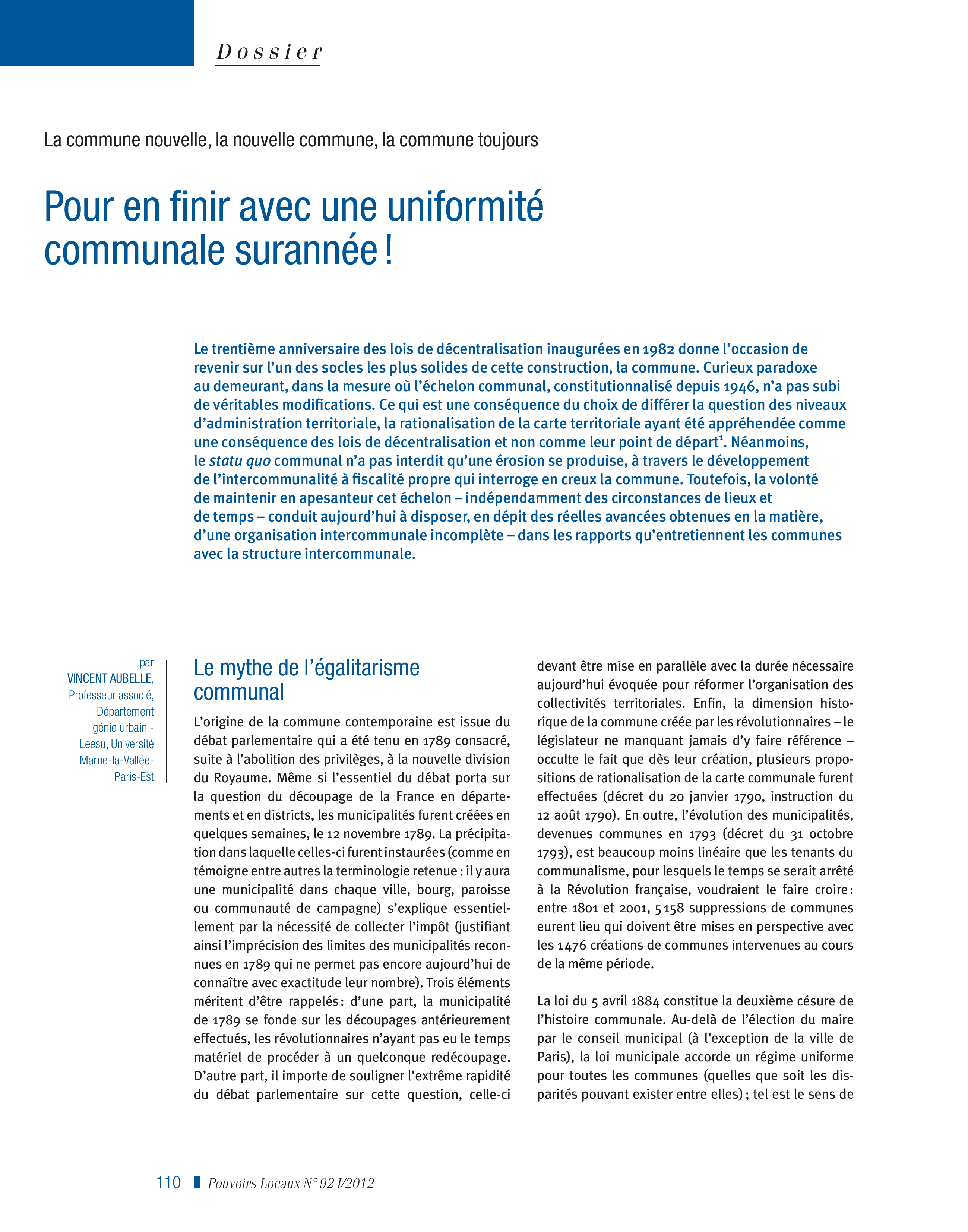 Article : Pour en finir avec une uniformité communale surannée !