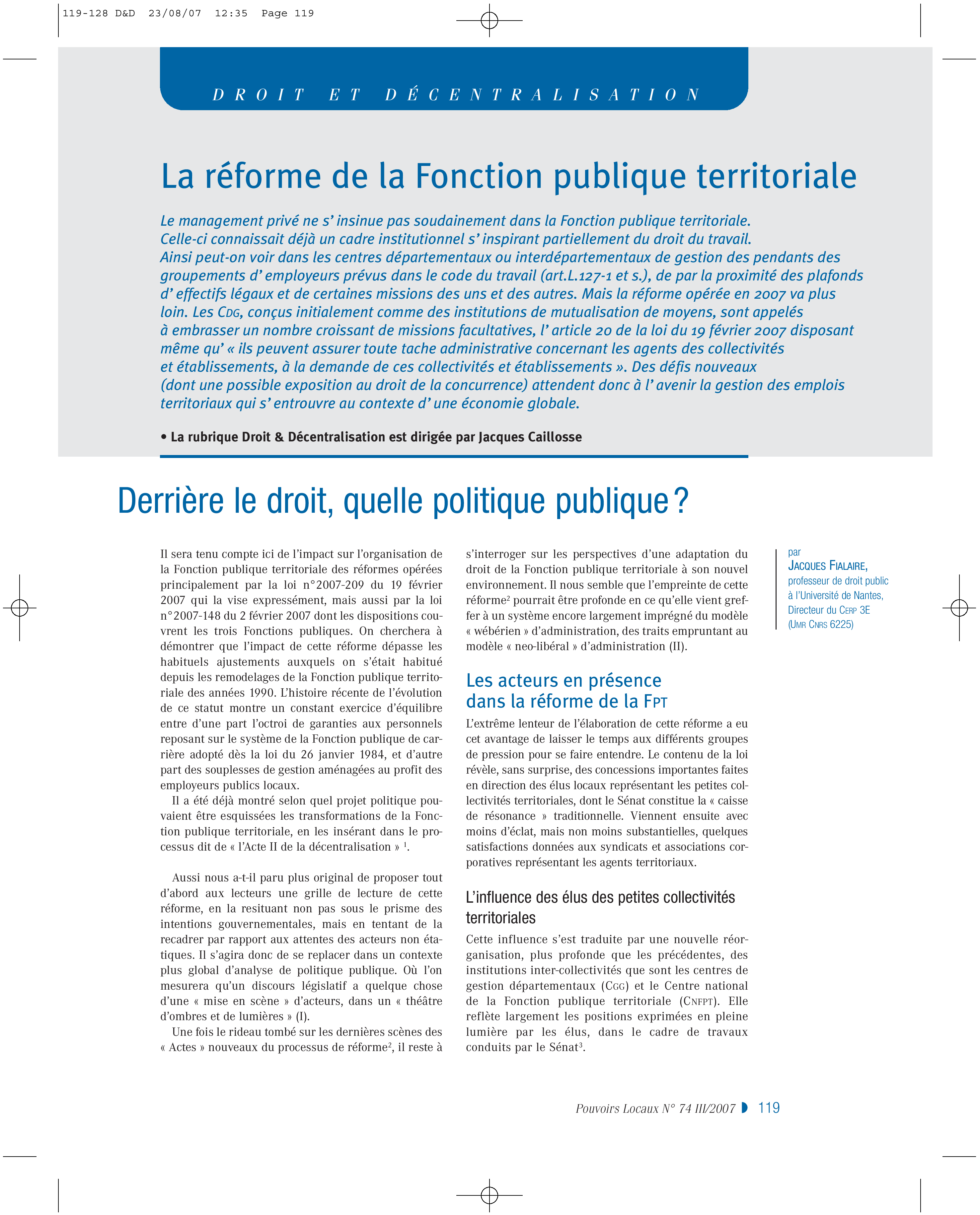 Article : La réforme de la FPT : derrière le droit, quelle politique publique ?