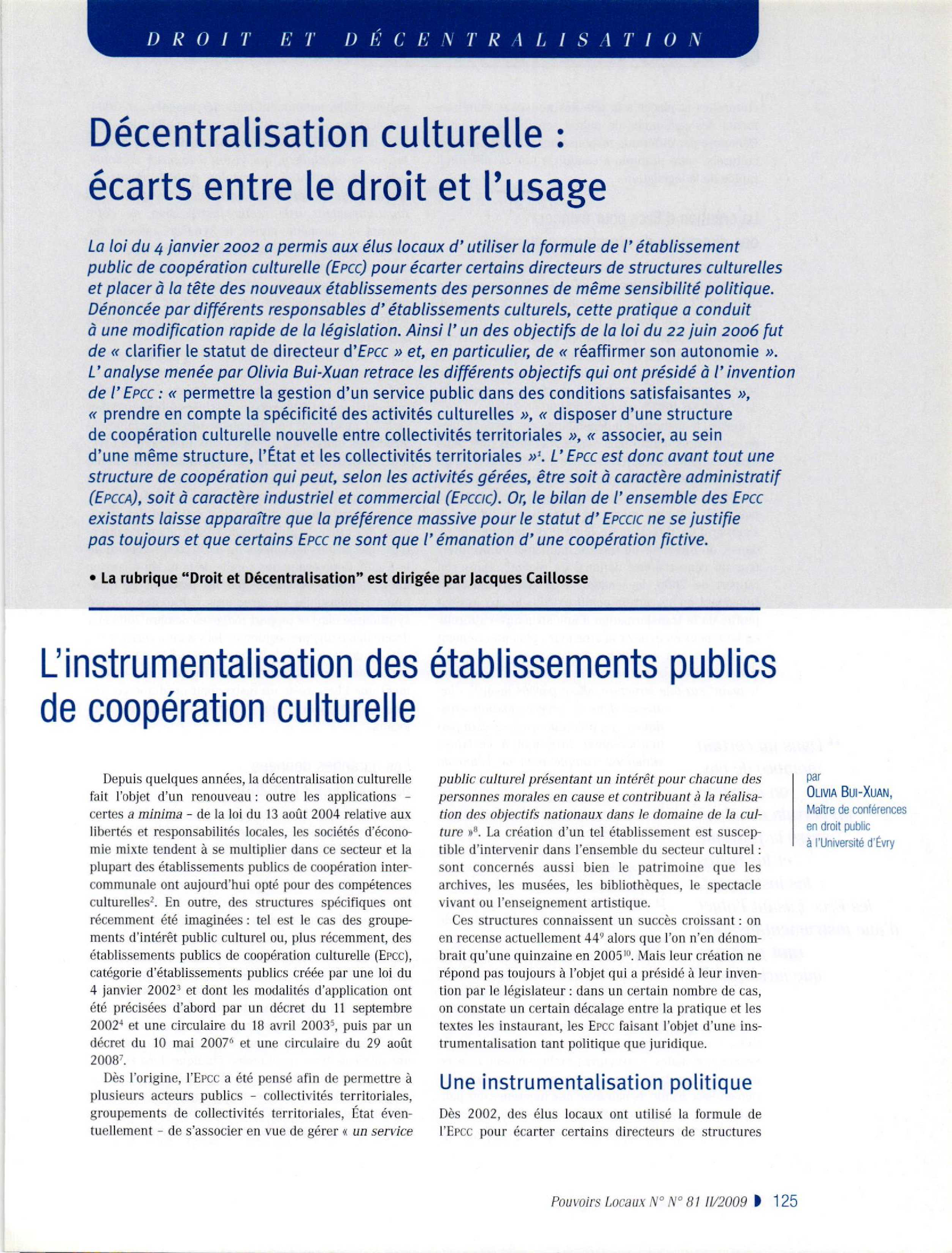 Article : Décentralisation culturelle : écarts entre le droit et l’usage, l’instrumentalisation des établissements publics de coopération culturelle