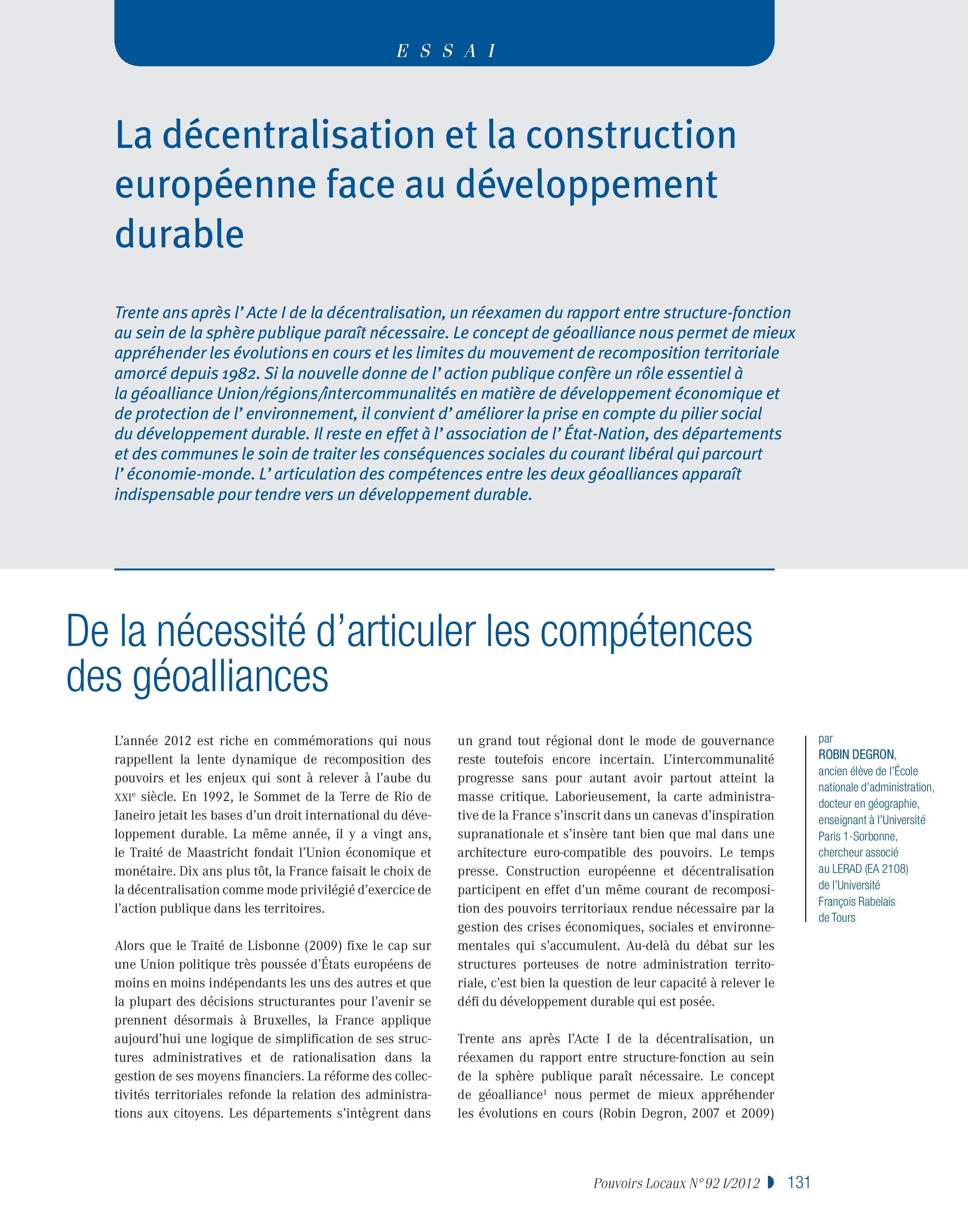 Article : La décentralisation et la construction européenne face au développement durable
