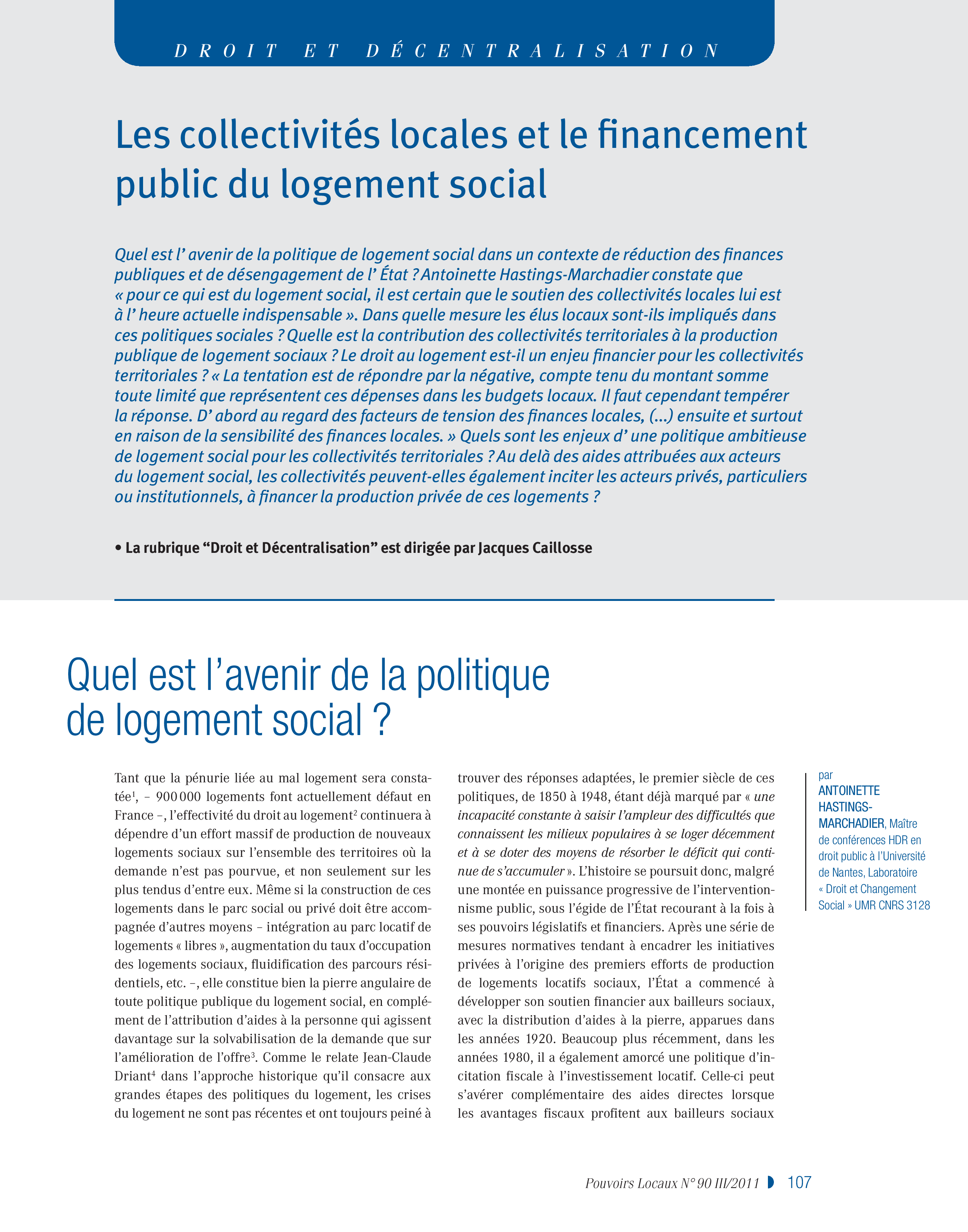 Article : Les collectivités locales et le financement public du logement social