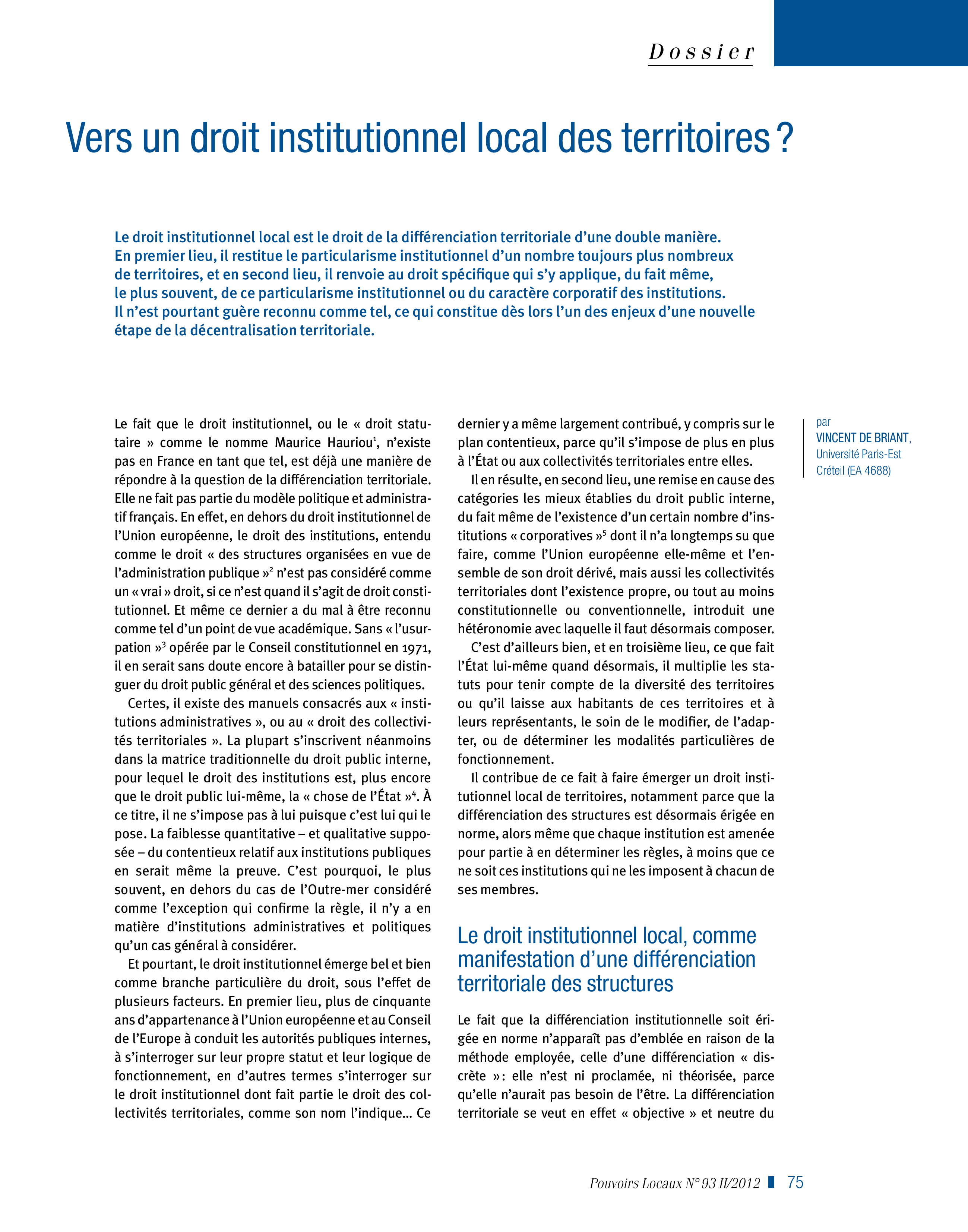 Article : Vers un droit institutionnel local des territoires ? 