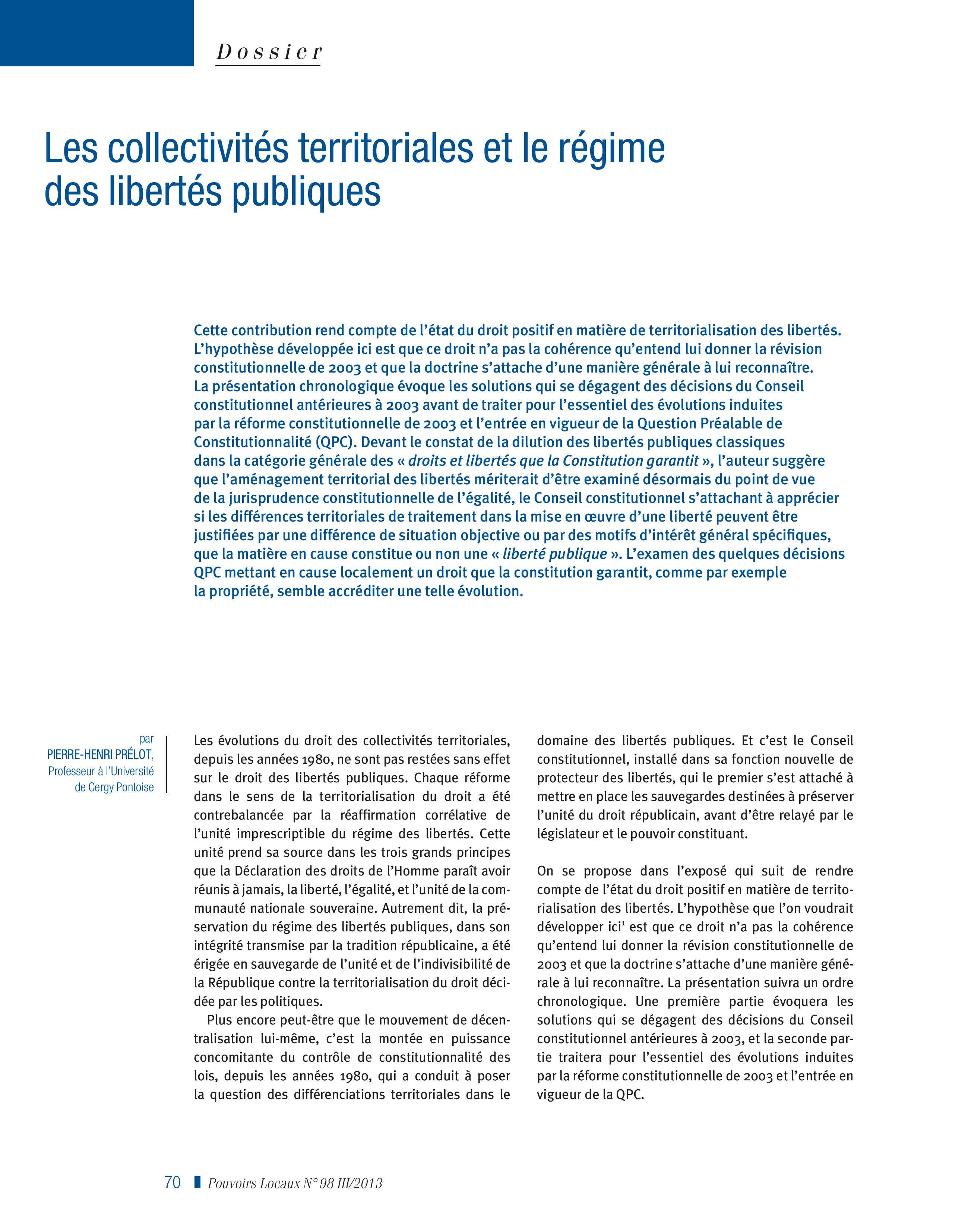 Article : Les collectivités territoriales et le régime des libertés publiques